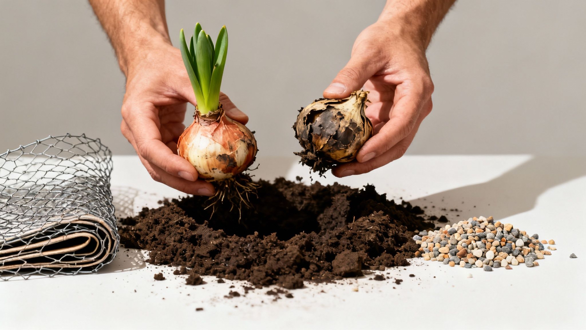 Gardener's hands compare a healthy sprouting bulb with a decaying one above soil, mesh, and fertilizer.