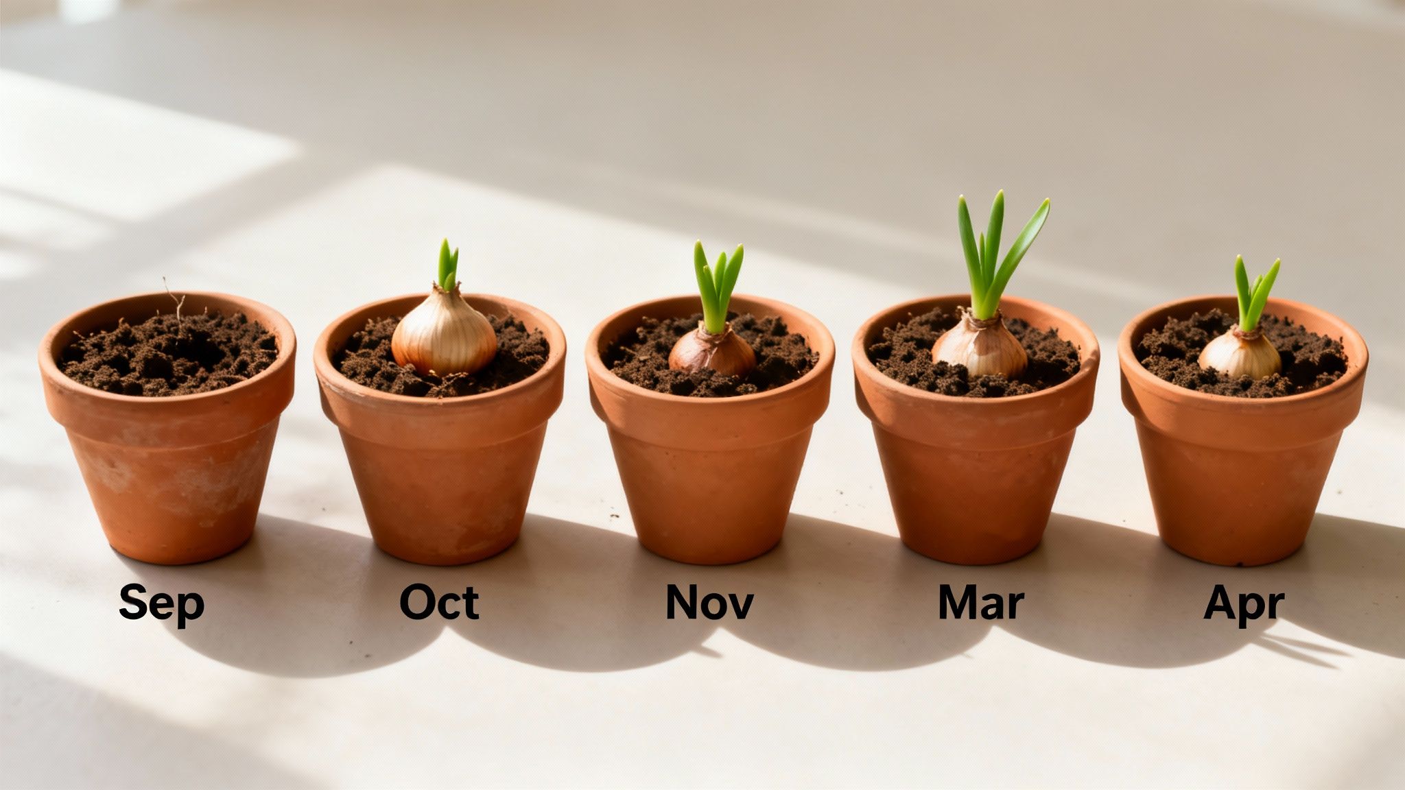 Five terracotta pots displaying onion bulb growth stages over several months, from Sep to Apr.