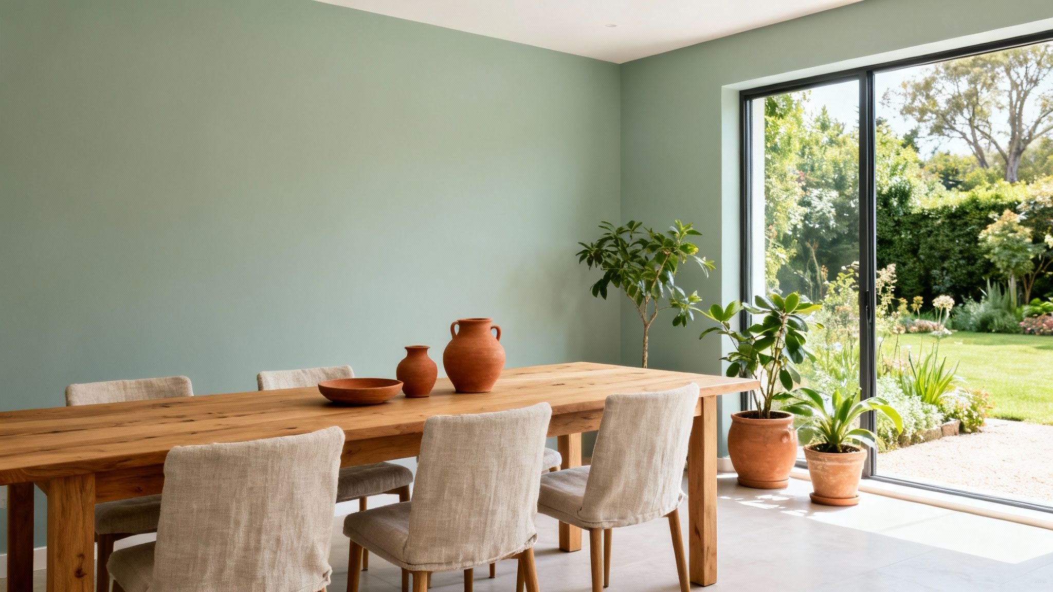 A modern dining room with a long wooden table, linen chairs, terracotta pots, and a view of a lush garden.
