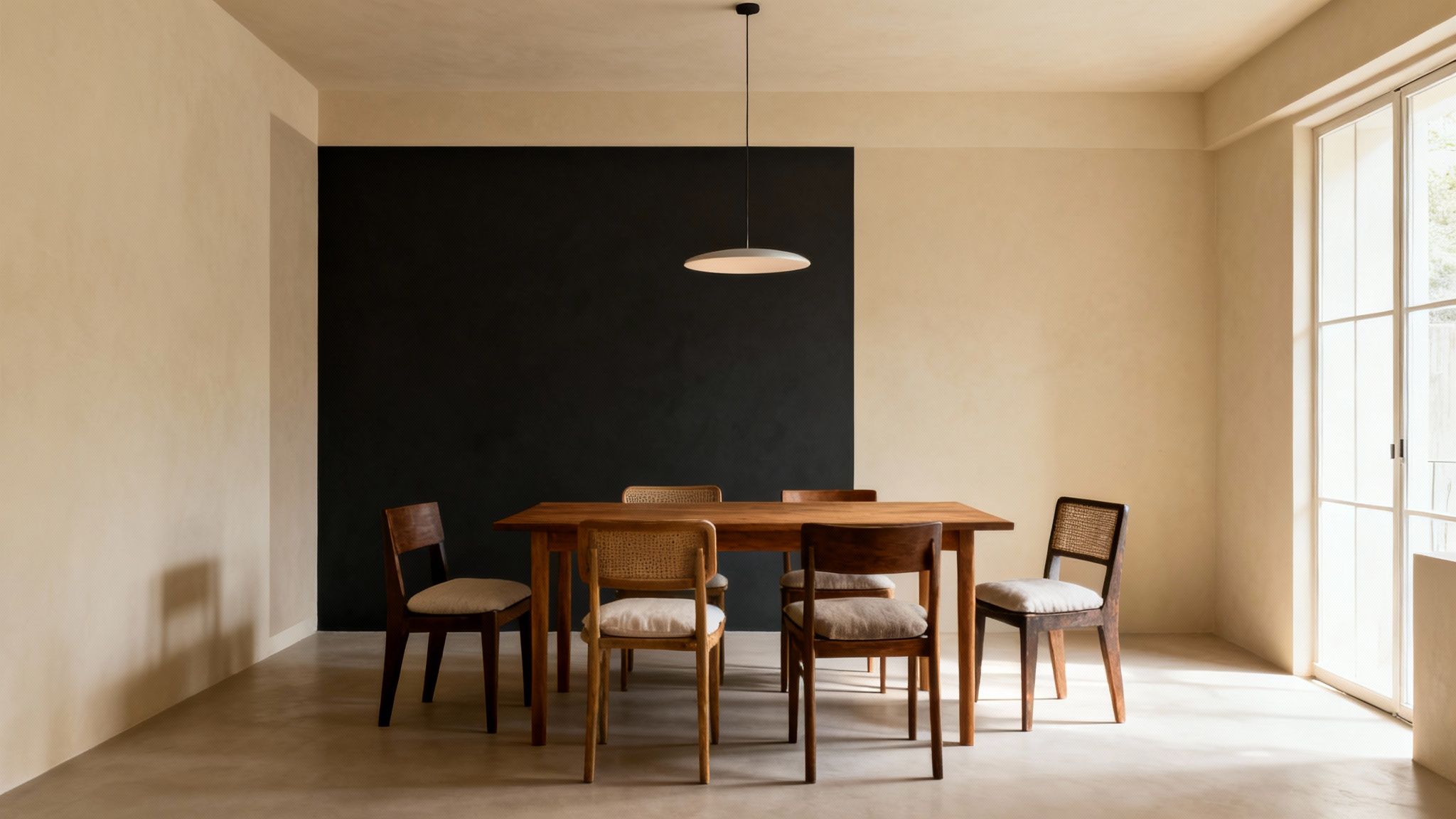 Modern dining room featuring a wooden table, diverse chairs, a striking black accent wall, and a large window.