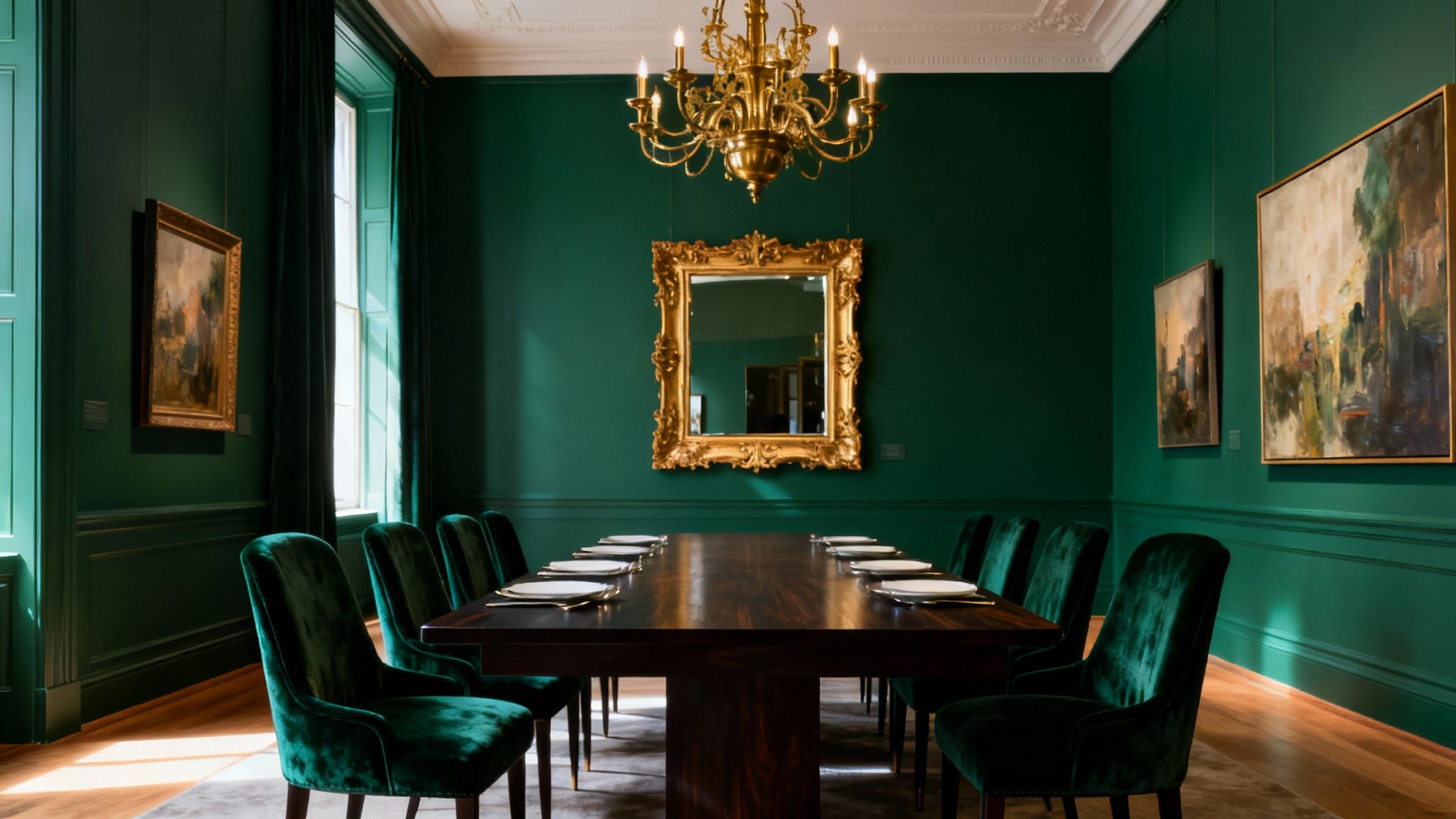 Elegant dining room featuring green walls, a dark wood table, velvet chairs, and a grand golden chandelier.