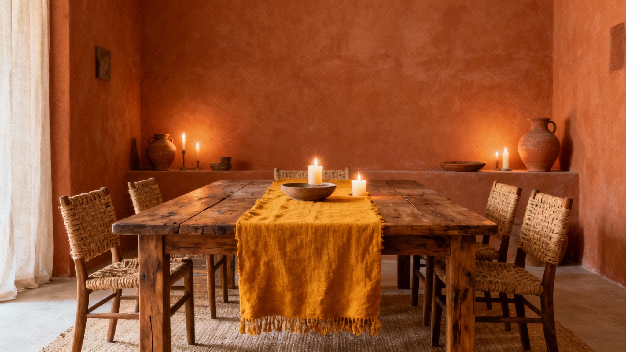 A cozy dining room with terracotta walls, a rustic wooden table, and lit candles.