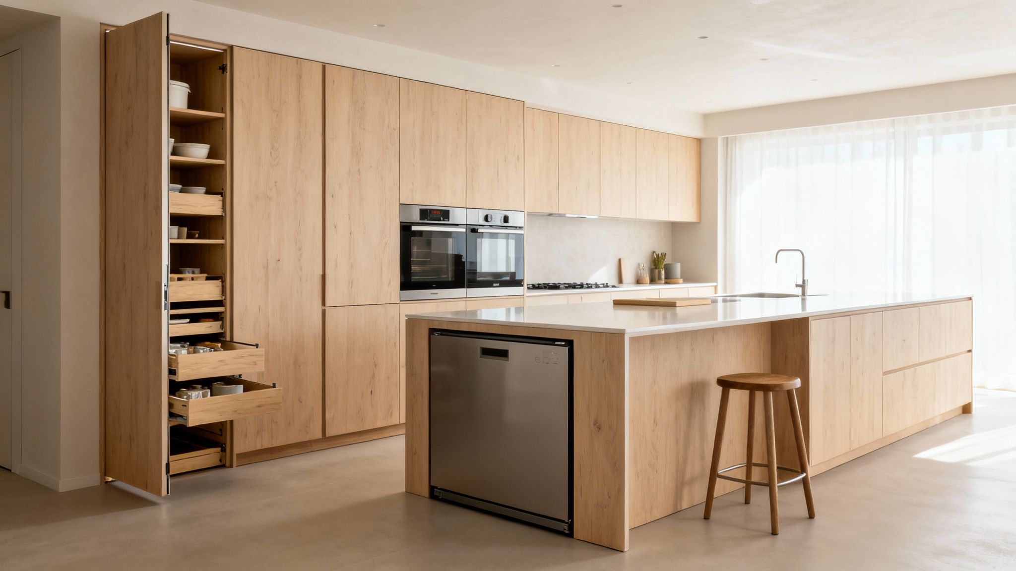 Modern Scandinavian kitchen with light wood cabinetry, white countertops, built-in appliances, and a pantry.