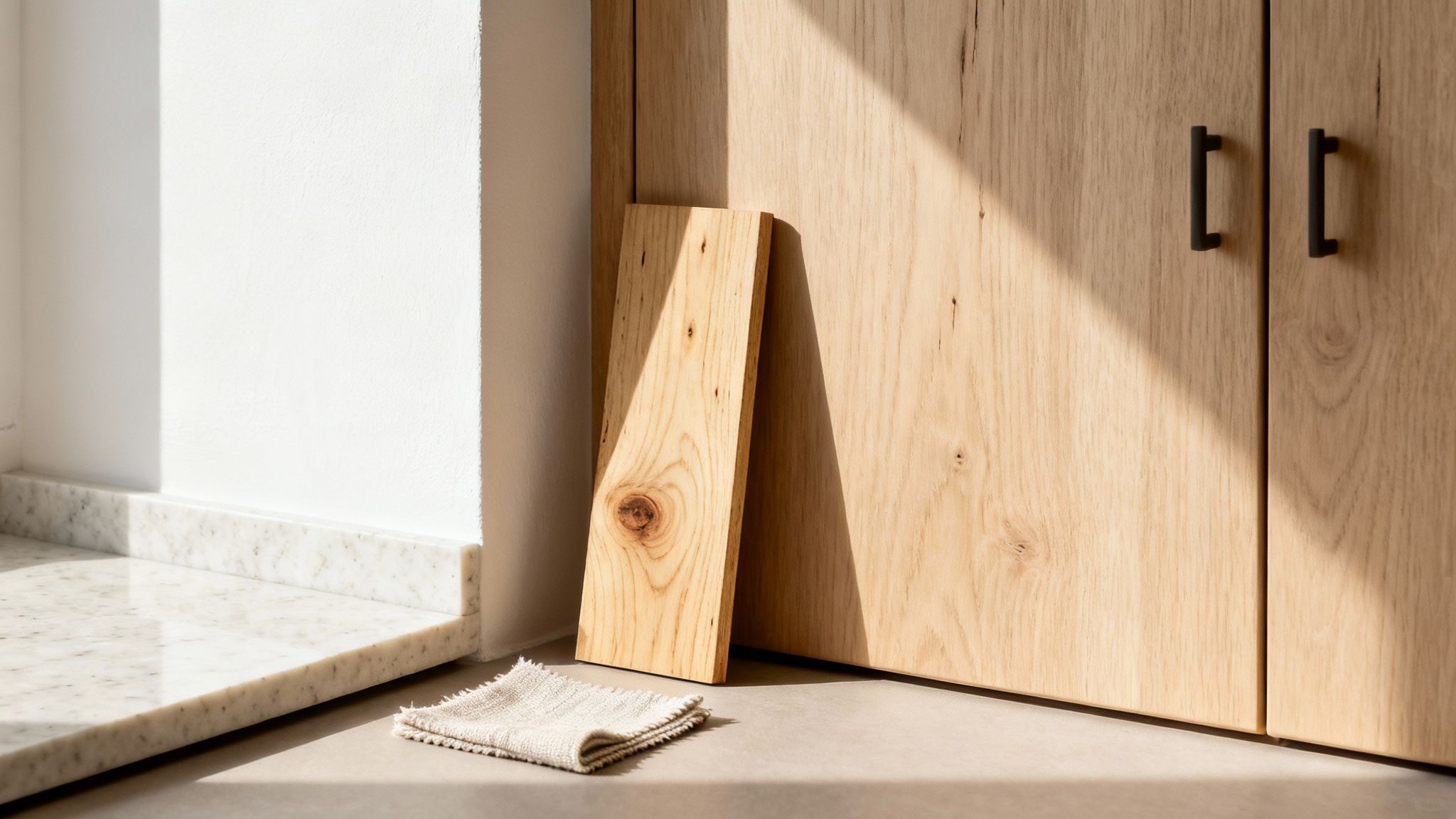 A bright kitchen corner with light wood cabinets, a marble counter, and a leaning wooden board.