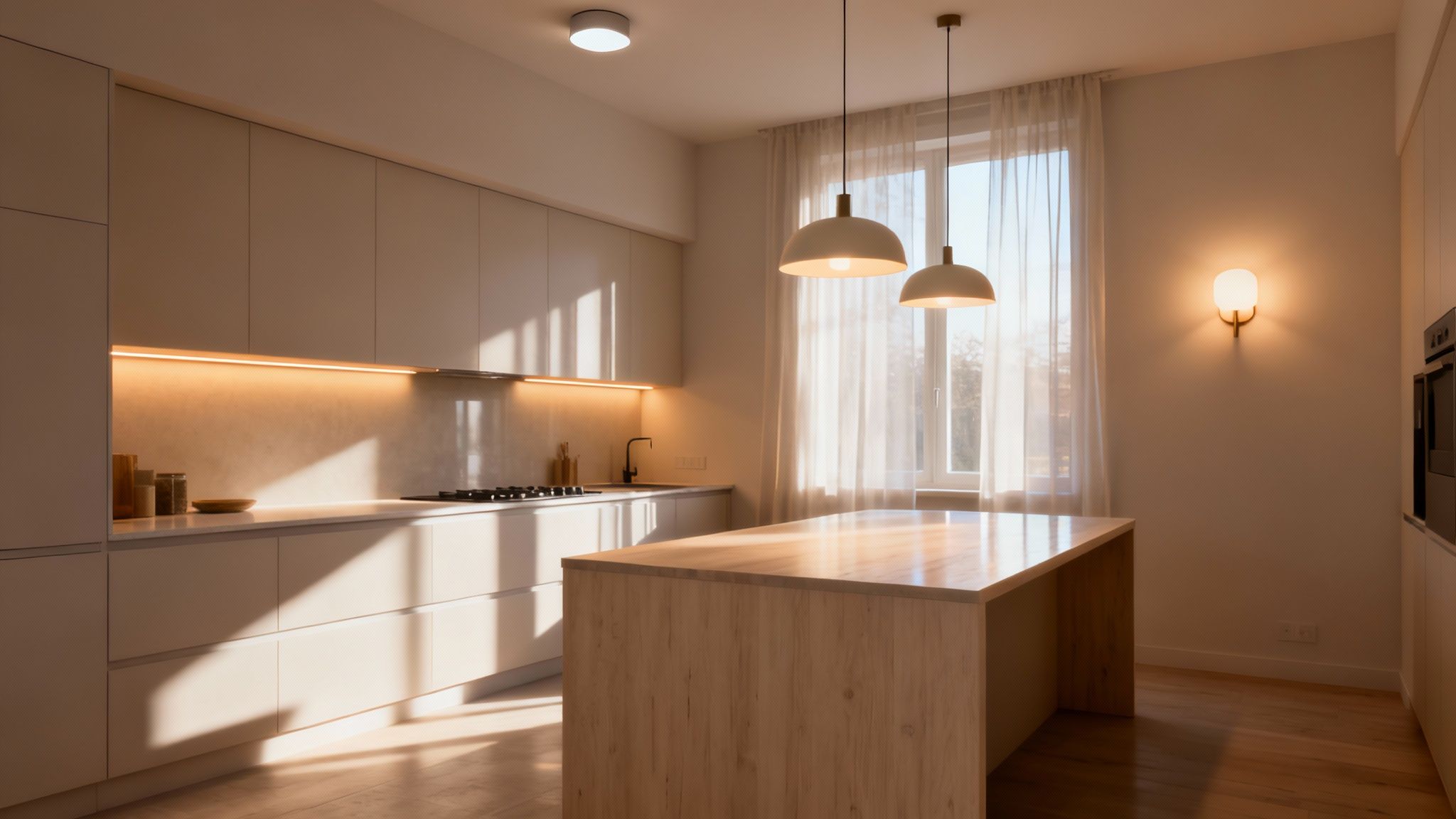 A bright and airy scandinavian style kitchen featuring light cabinetry, a wooden island, and warm lighting.