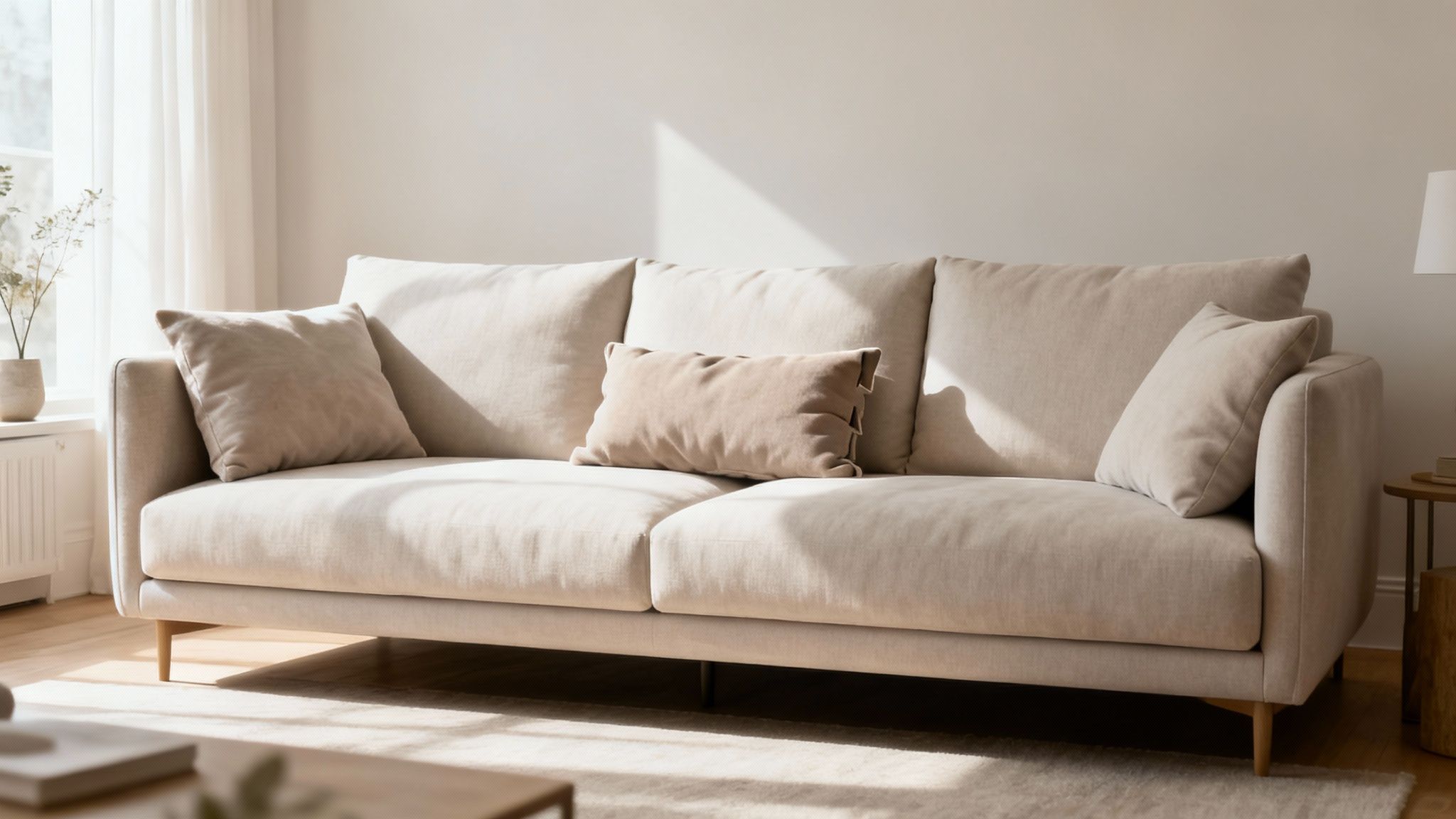 A minimalist living room features a long beige sofa with throw pillows and warm sunlight.