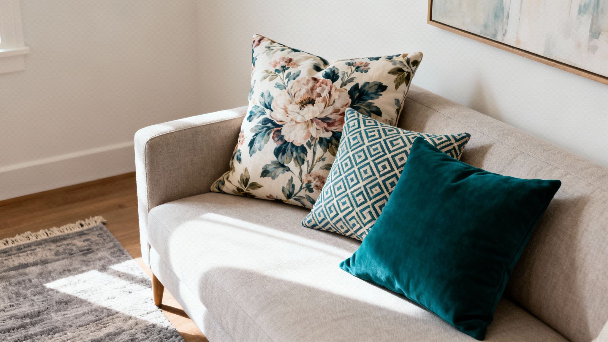 A light beige sofa with three decorative pillows: floral, geometric, and solid teal velvet.