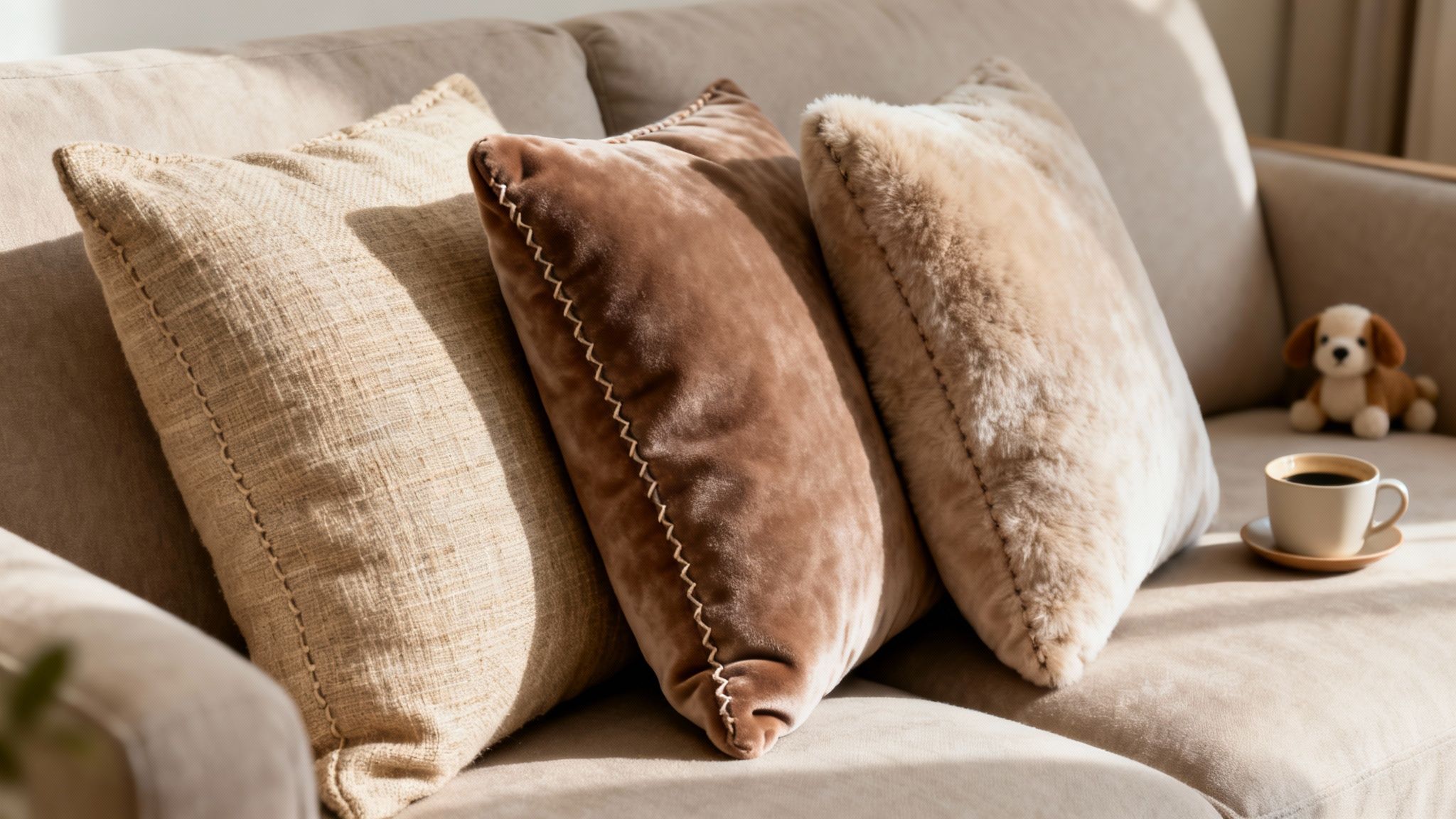 Three cozy decorative pillows, a coffee cup, and a plush dog on a comfortable sofa.