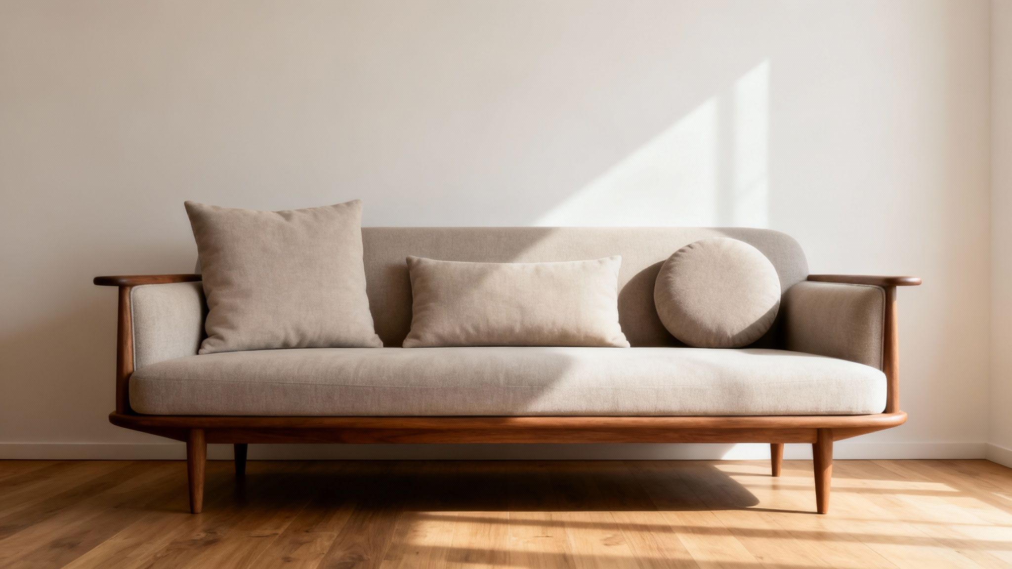 A minimalist beige sofa with wooden frame and three different cushions in a brightly lit room.