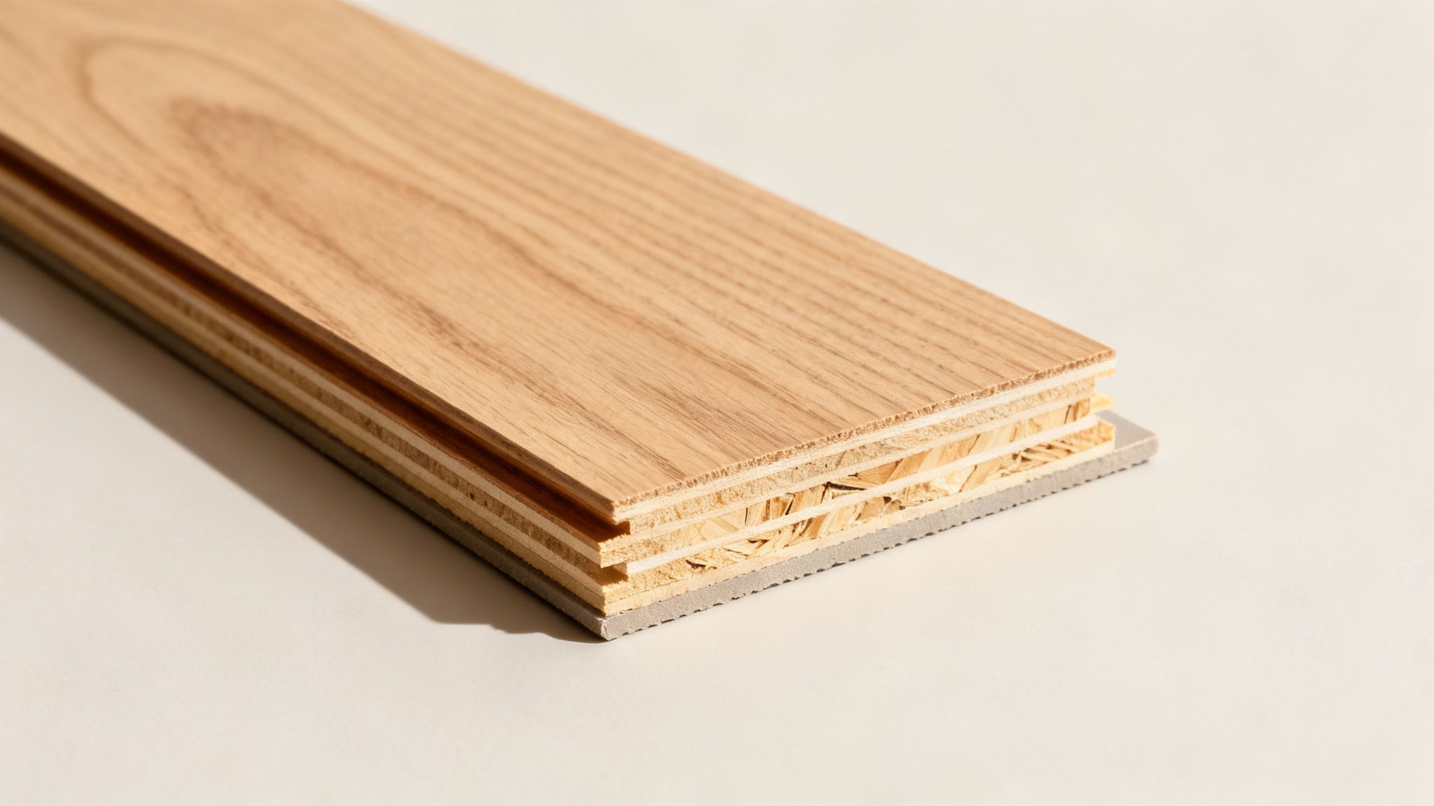 Close-up of an engineered wood flooring plank revealing its multi-layered construction on a white background.