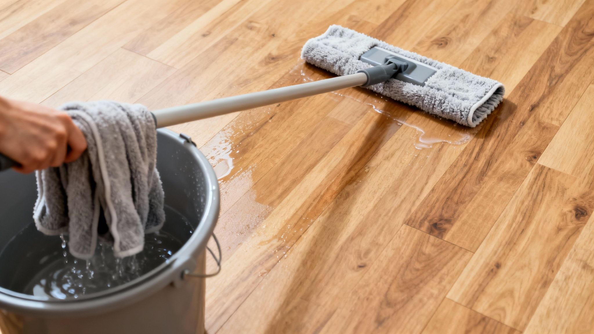 A hand holds a mop above a bucket, while cleaning a wet wooden floor.