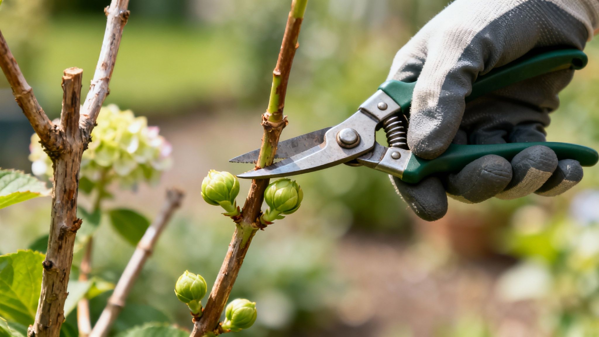 Close-up of a gardener's gloved hand pruning a plant stem with vibrant green buds.