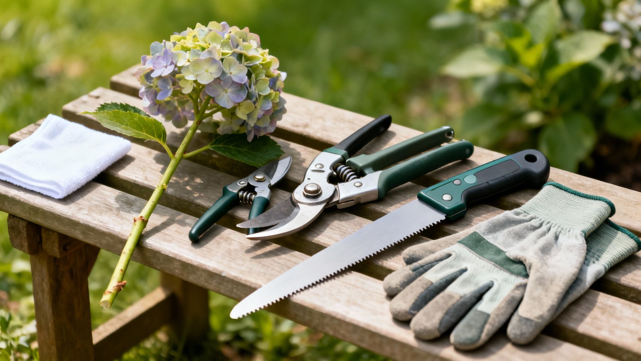 Gardening tools like pruning shears, a saw, and gloves, with a cut hydrangea on a wooden bench.
