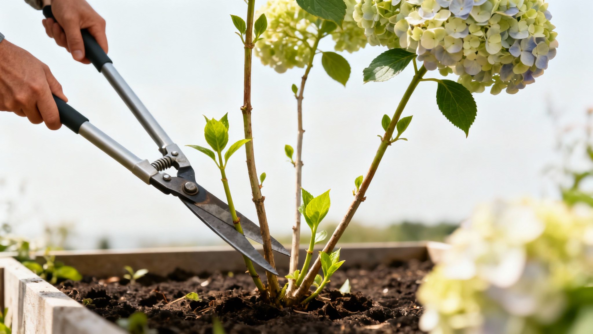 Hands using large loppers to prune a green hydrangea plant with blue and yellow flowers in a raised garden bed.