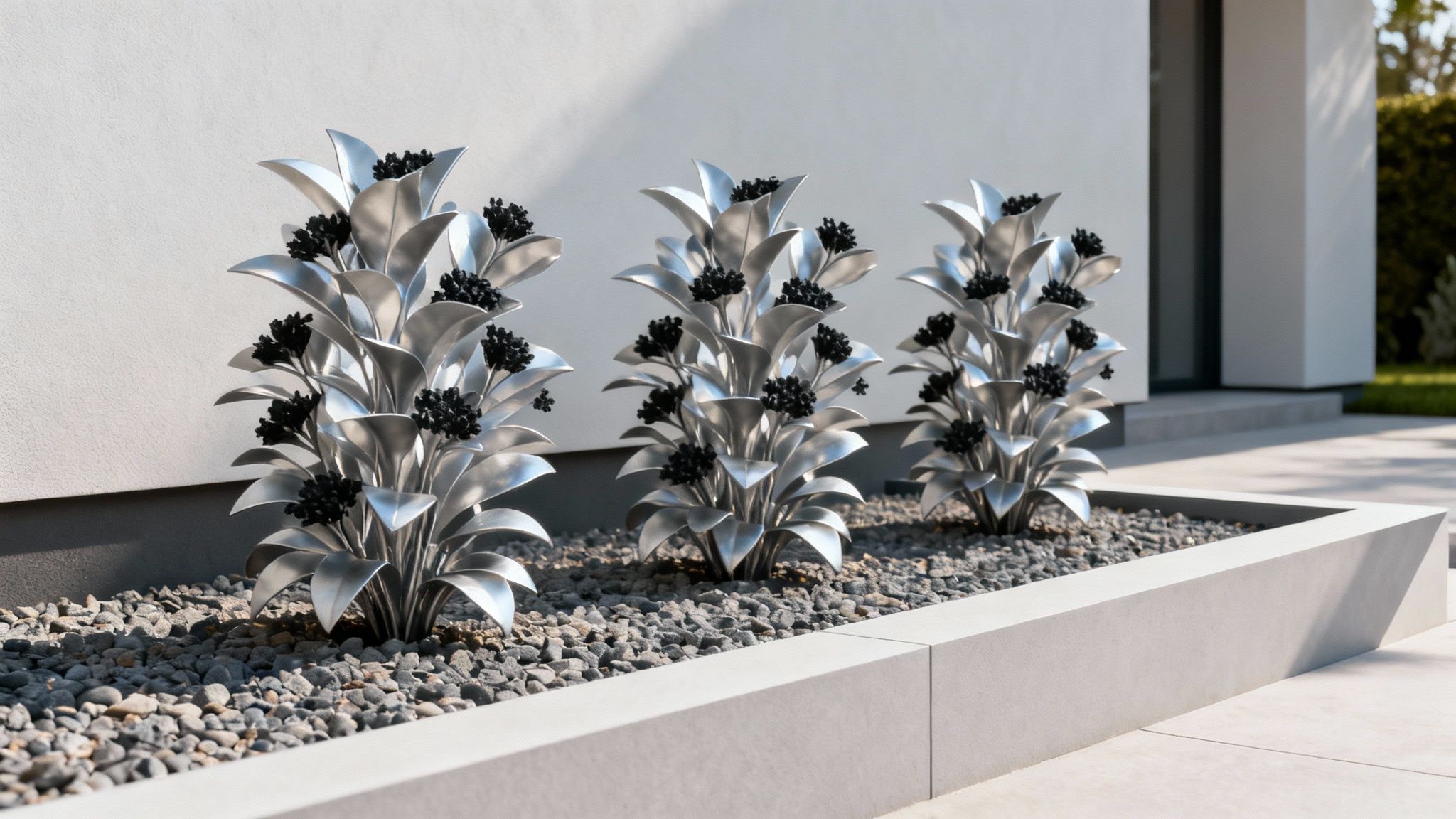 Three silver metallic plant sculptures with black berries in a gravel planter next to a modern building.