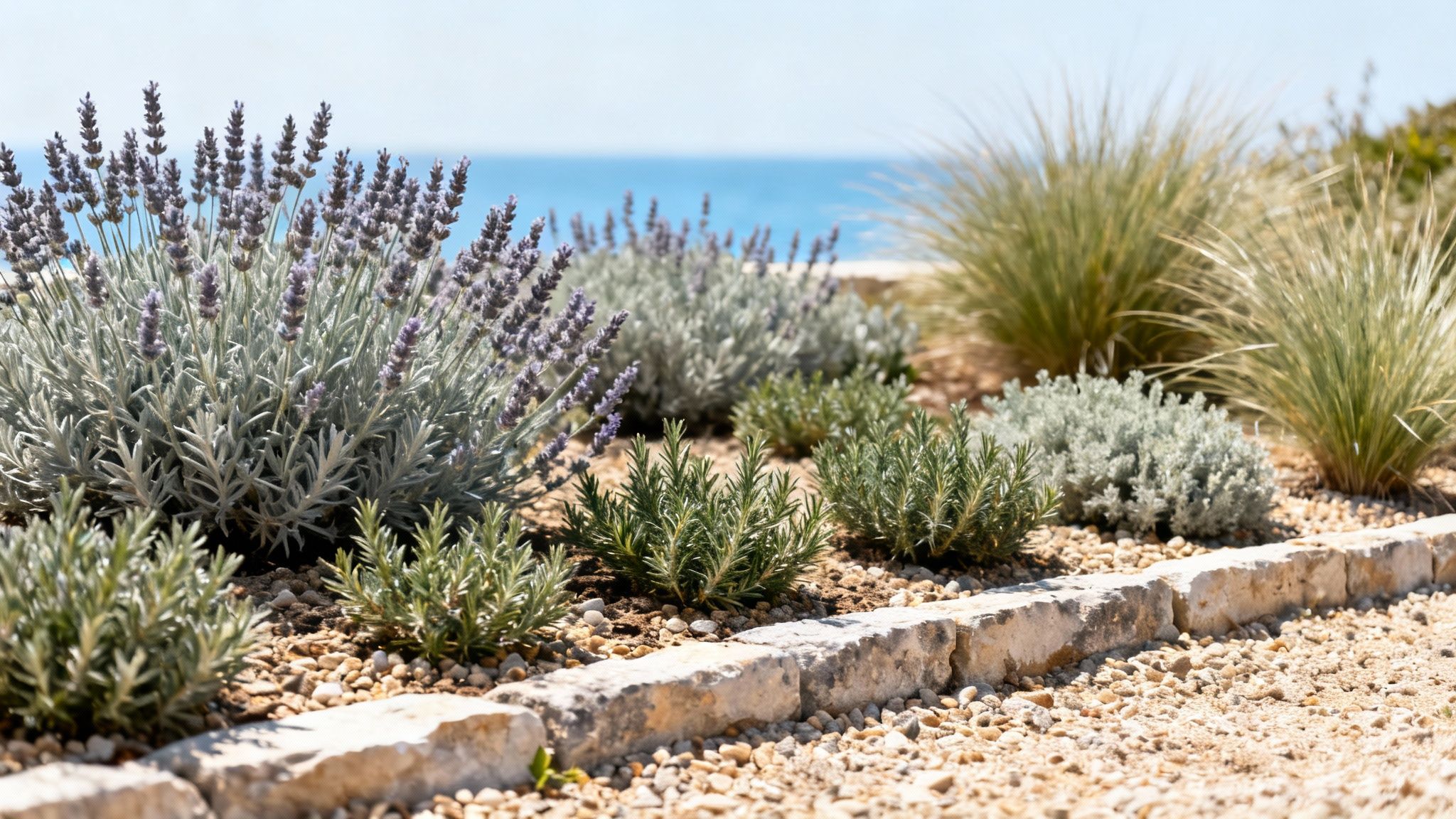 A beautiful Mediterranean garden with blooming lavender, green shrubs, and ornamental grasses, edged with a stone border, overlooking the sea.