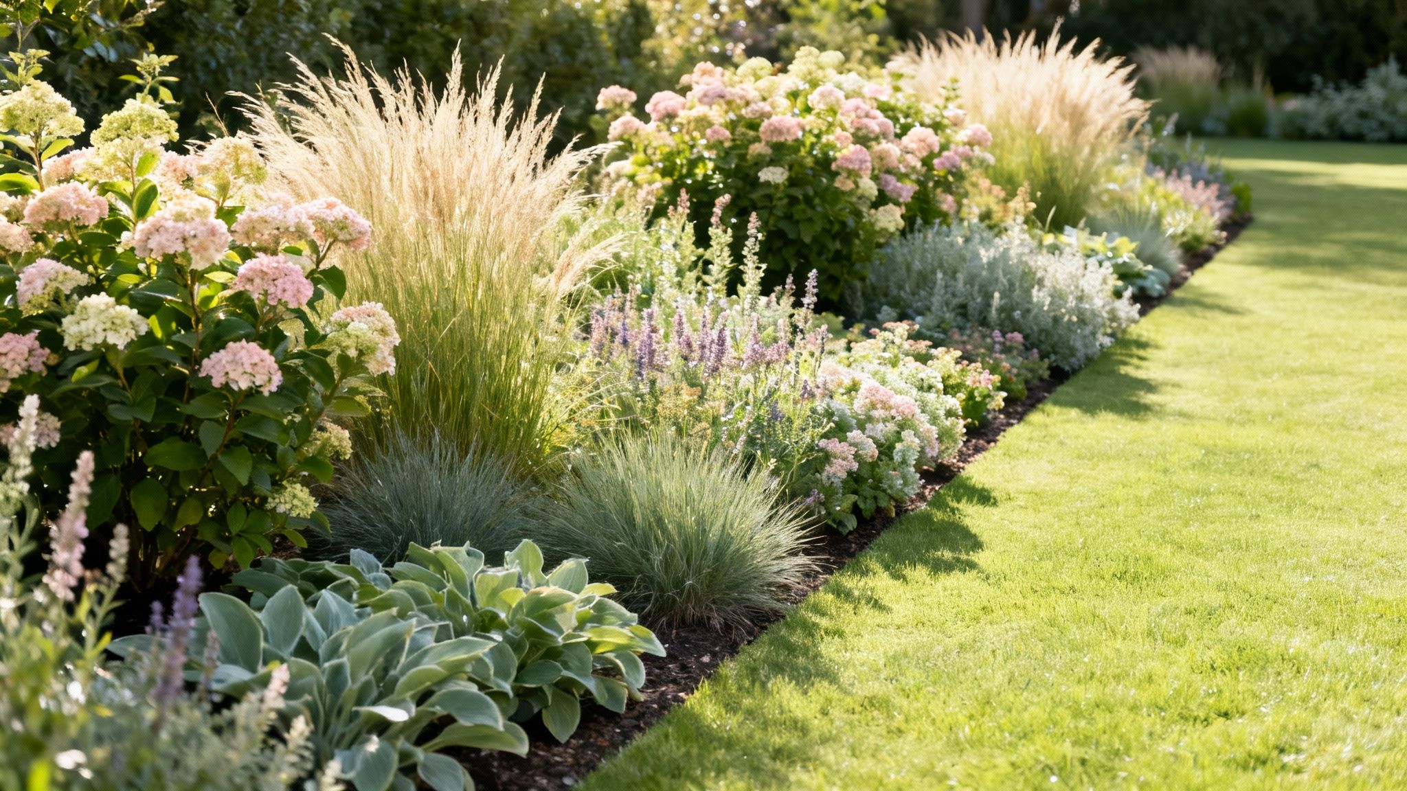 Sunny garden border with pink hydrangeas, feathery grasses, and diverse plants beside a lush green lawn.