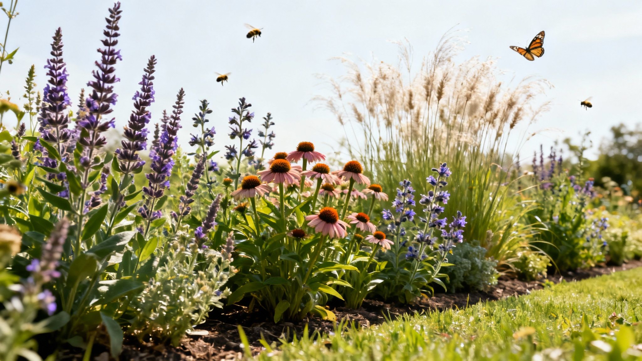 A vibrant garden border brimming with purple flowers and pink coneflowers, attracting bees and a butterfly.
