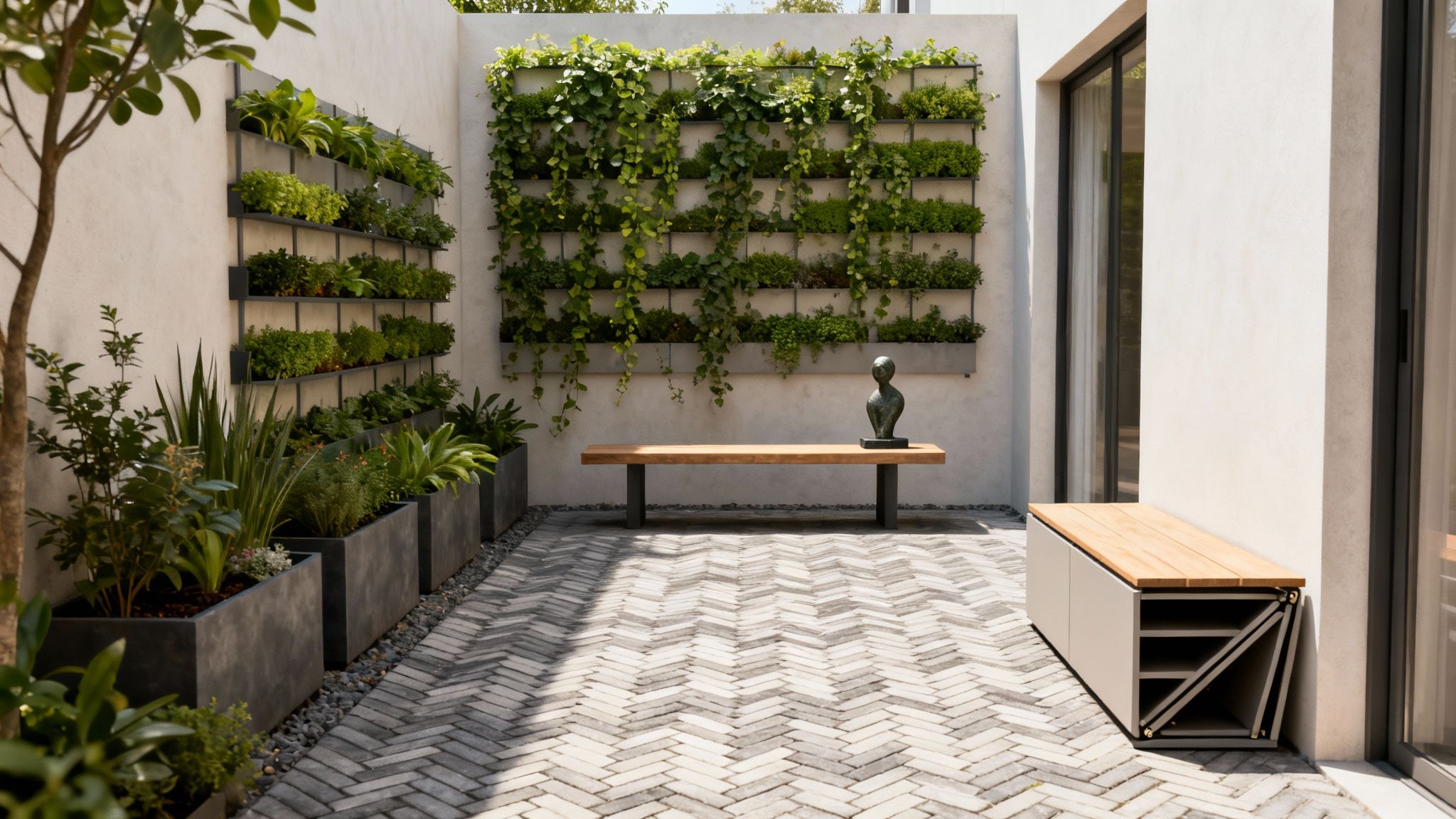A modern small garden patio featuring lush vertical green walls and stylish wooden benches.