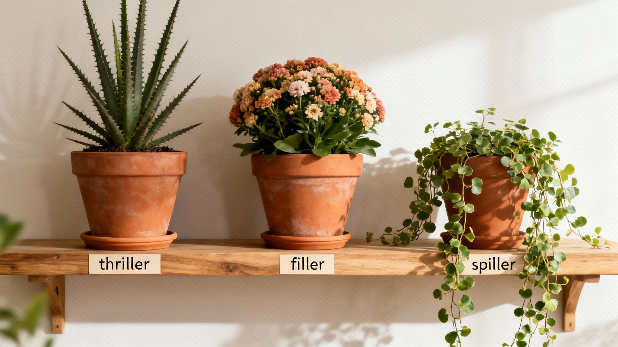Three potted plants, a thriller (aloe-like), filler (chrysanthemums), and spiller (vining plant), on a wooden shelf.