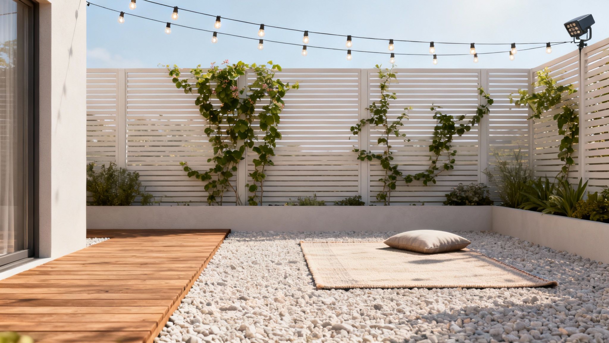 A modern small garden patio with white slatted fences, string lights, a wooden path, and a gravel seating area.