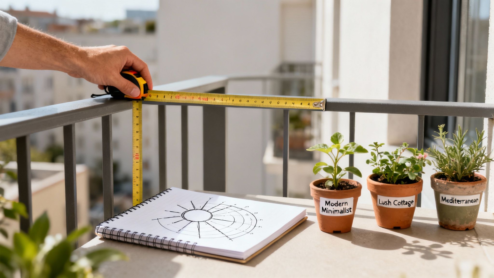 A hand measures a balcony railing, with small potted plants and a garden design notebook on the table.