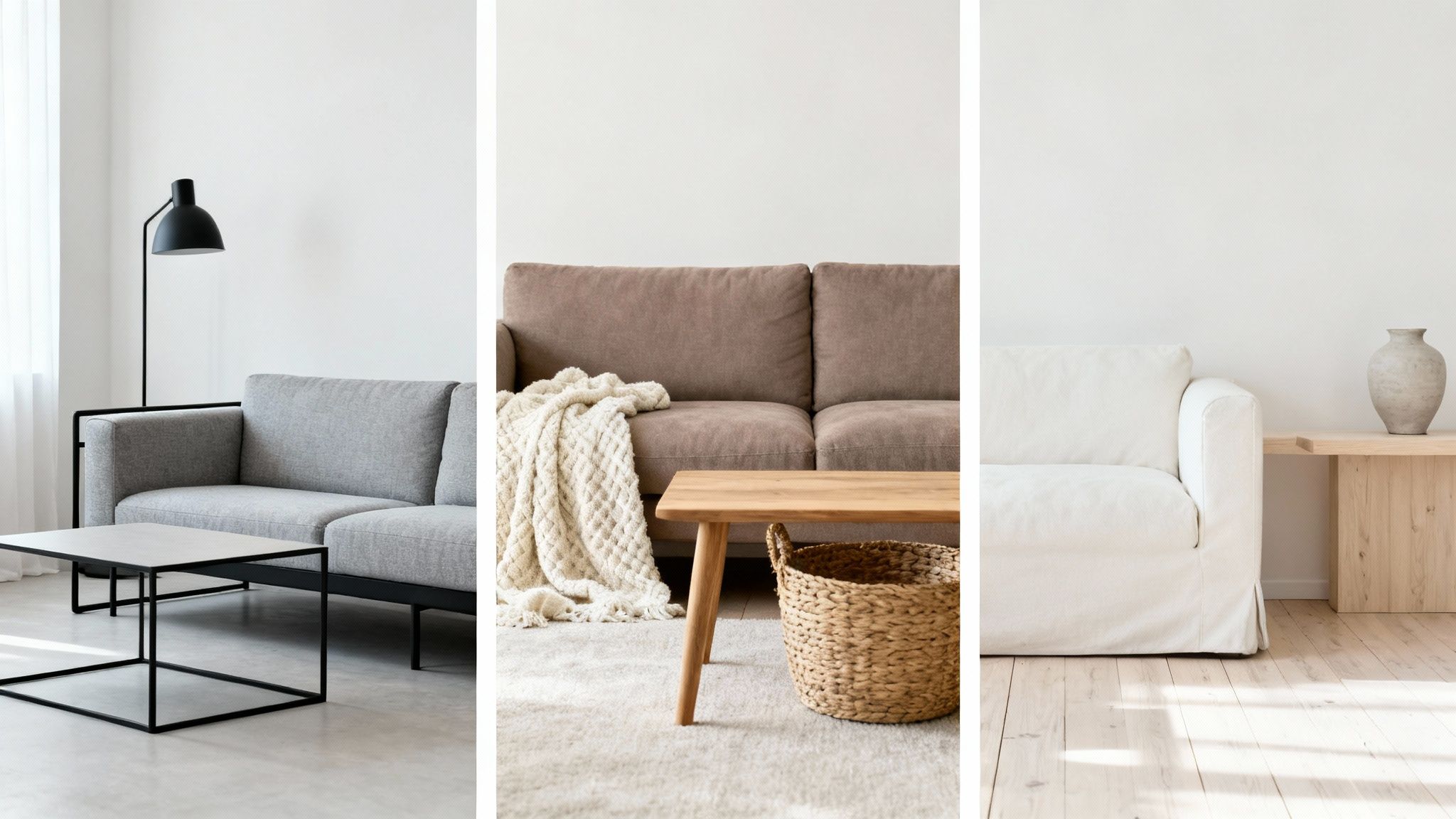 Three minimalist living room scenes featuring different neutral-colored sofas, coffee tables, and decor.