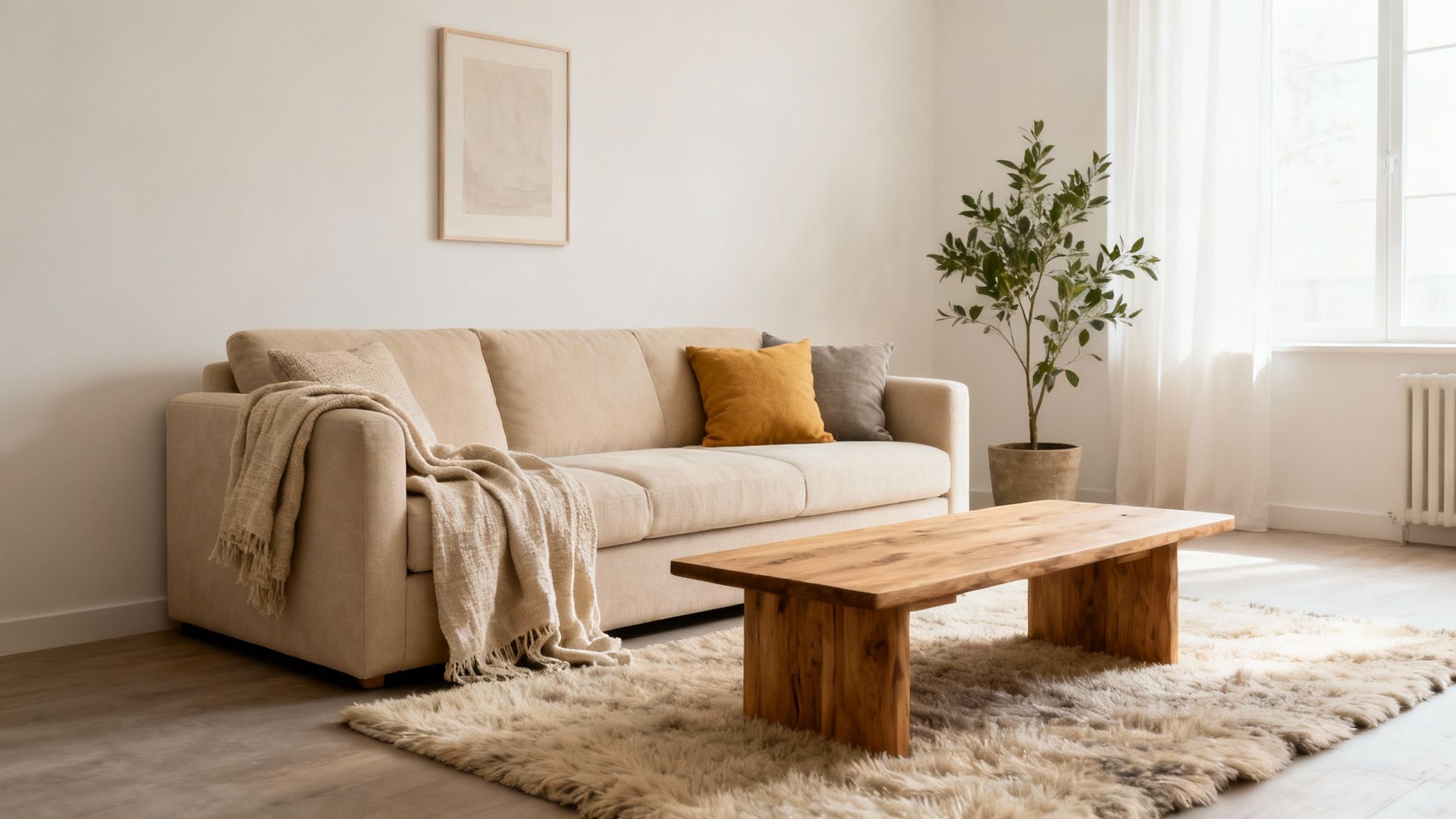 A bright, neutral-toned living room with a beige sofa, wooden coffee table, and fluffy rug.