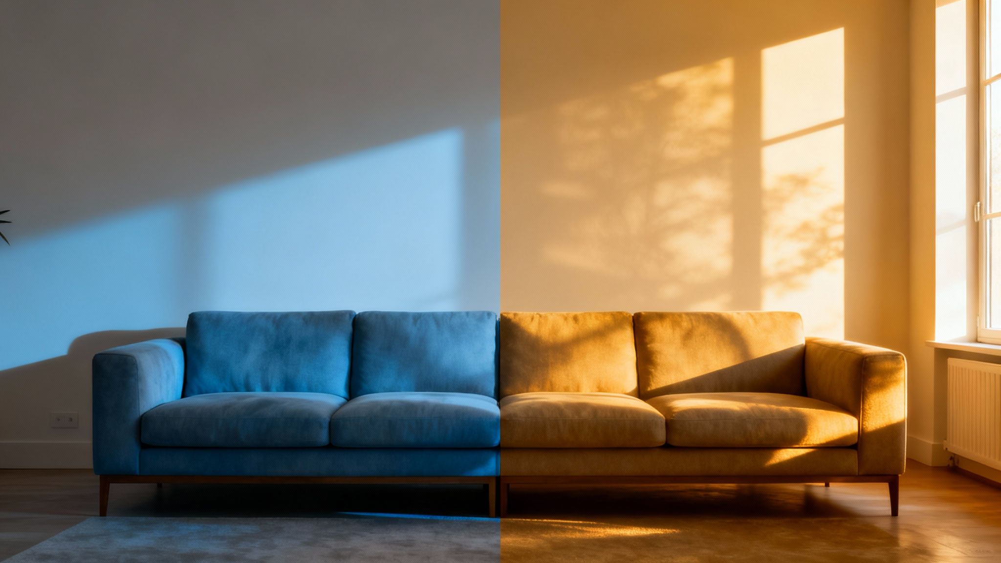 A modern sofa is split in half by lighting, one side cool blue, the other warm orange.