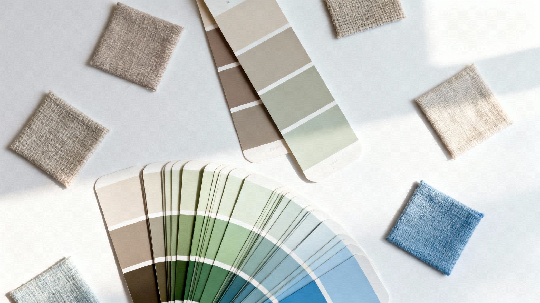 Various fabric samples and color swatches in neutral, green, and blue tones on a white surface.