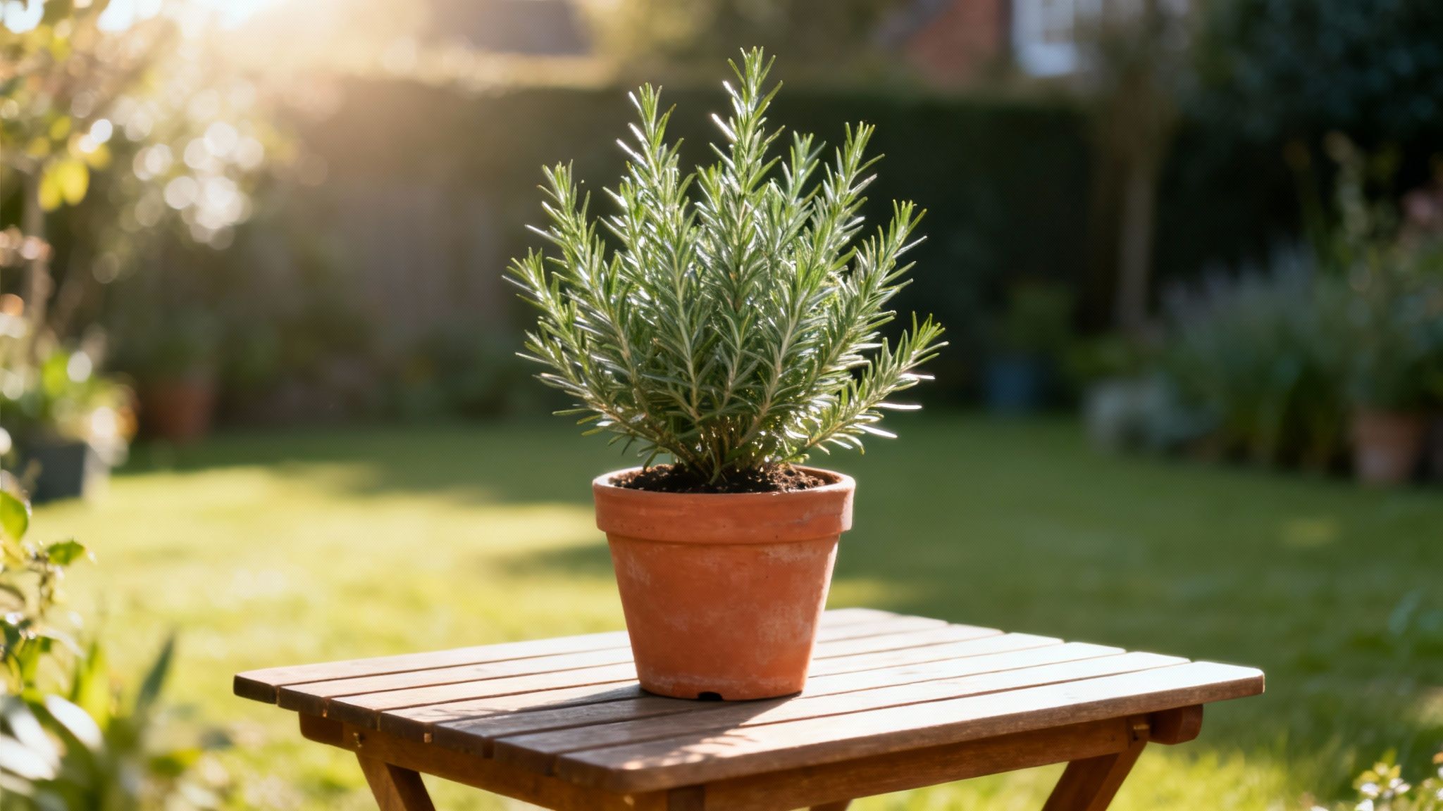 A vibrant rosemary plant in a terracotta pot sits on a wooden table in a sunny garden.