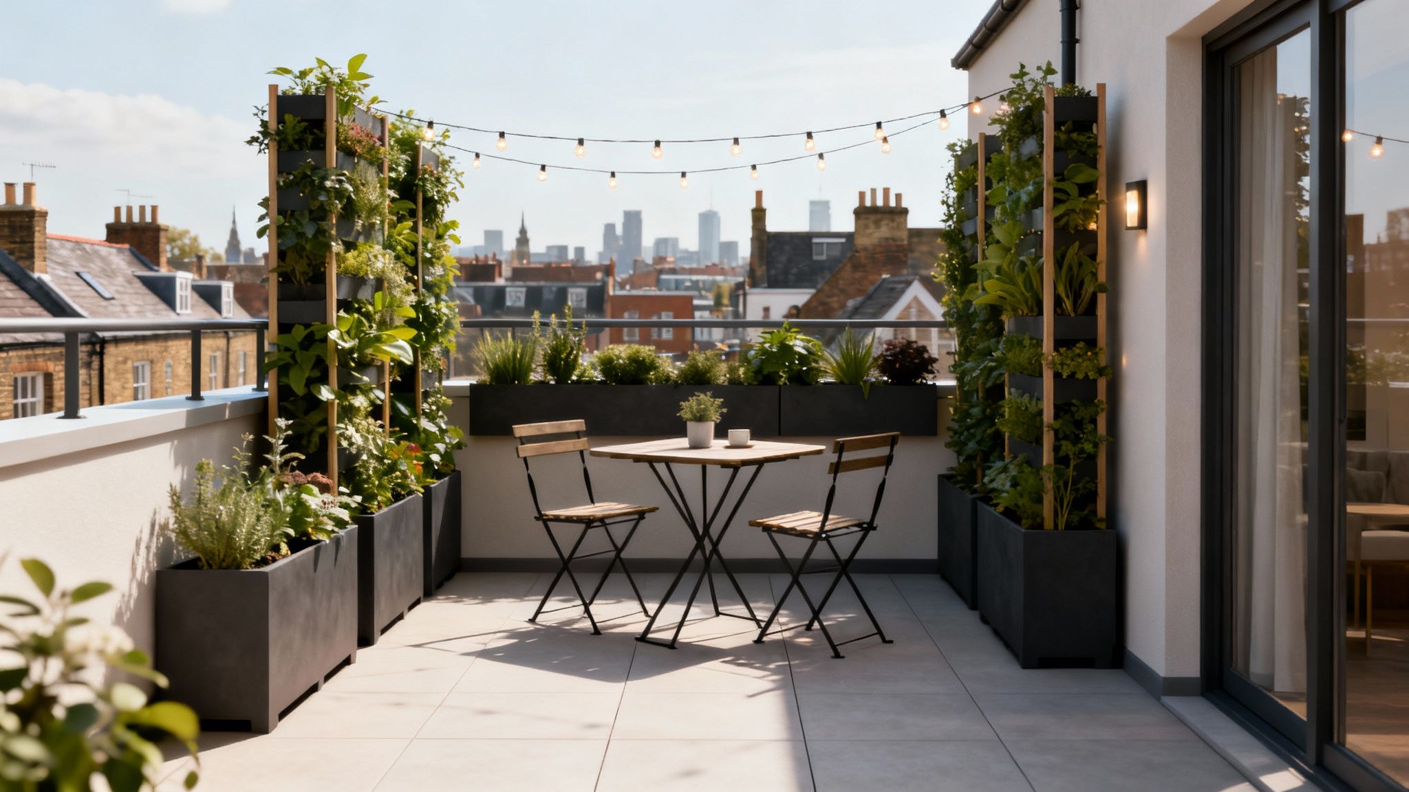 A stylish rooftop balcony with outdoor dining furniture, vertical gardens, and string lights overlooking a city.