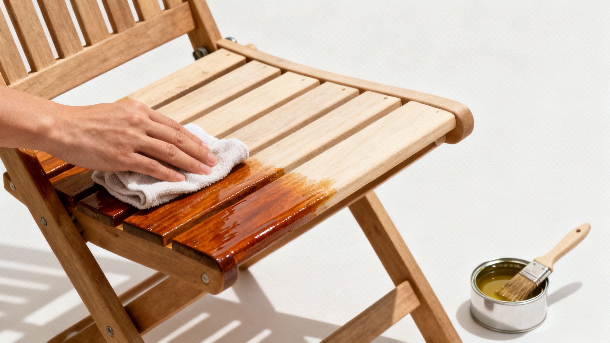 A hand applies wood stain with a white cloth to a wooden folding chair, changing its color.