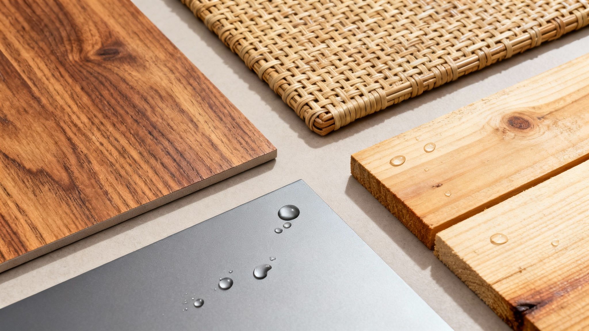 Various material samples including wood, rattan, and metal with water droplets, showcasing textures.