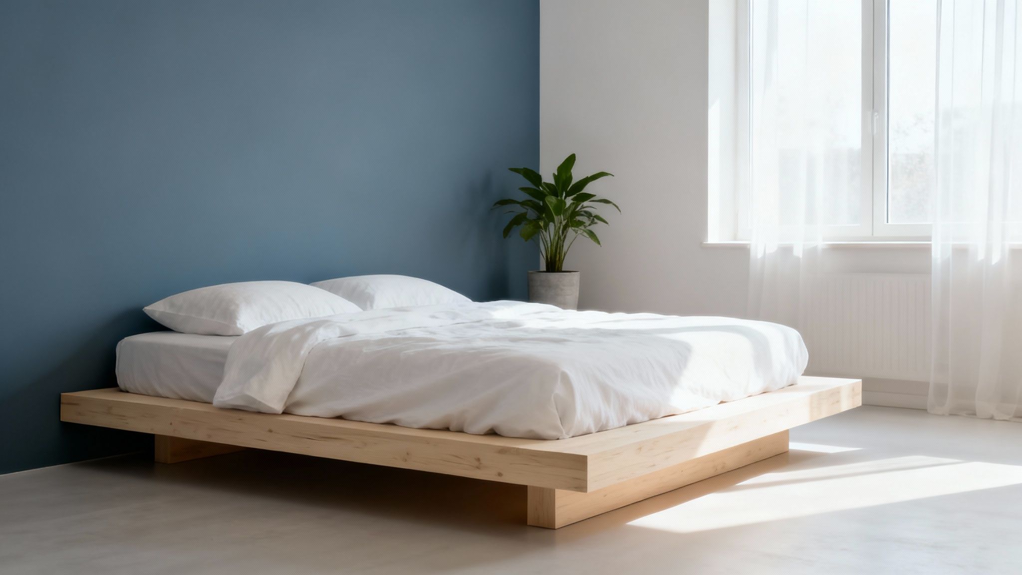 A bright bedroom with a natural wood platform bed, white linens, a blue wall, a plant, and a sunlit window.