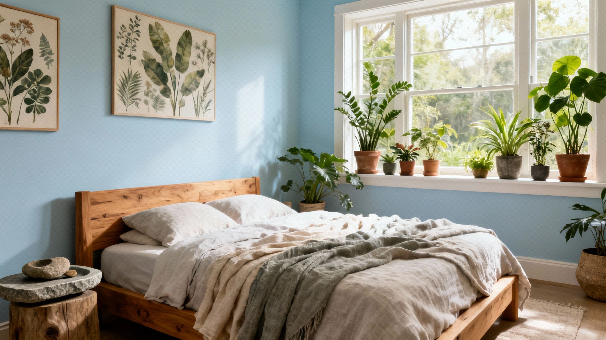 A light blue bedroom featuring a wooden bed, linen bedding, botanical art, and many potted plants by a sunny window.