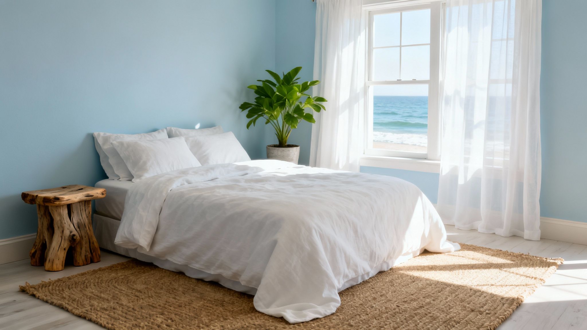 A serene bedroom with light blue walls, white bedding, a window overlooking the ocean, and natural light.