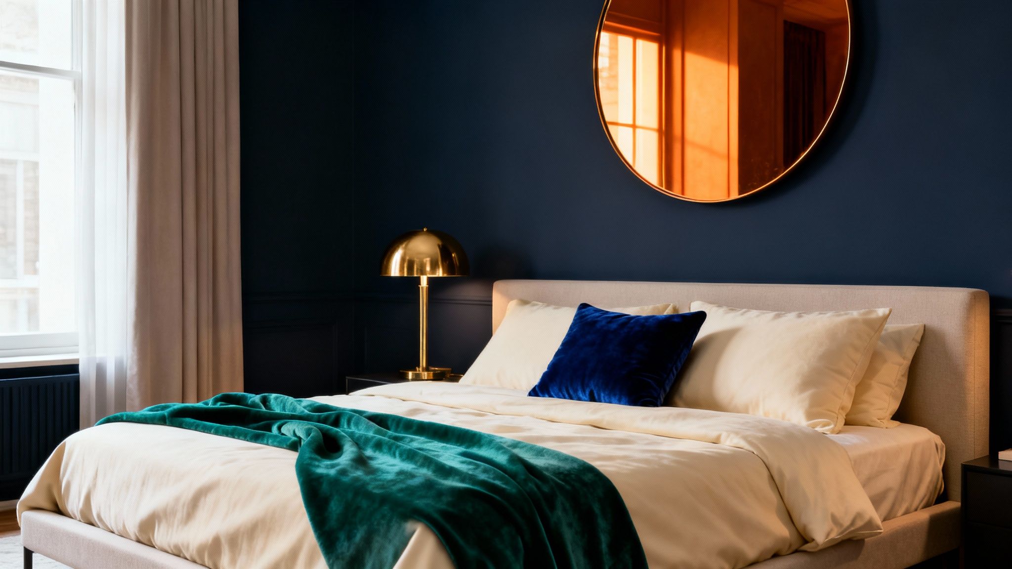 A modern bedroom with a dark blue wall, a bed with cream bedding, a green throw, and a golden lamp.