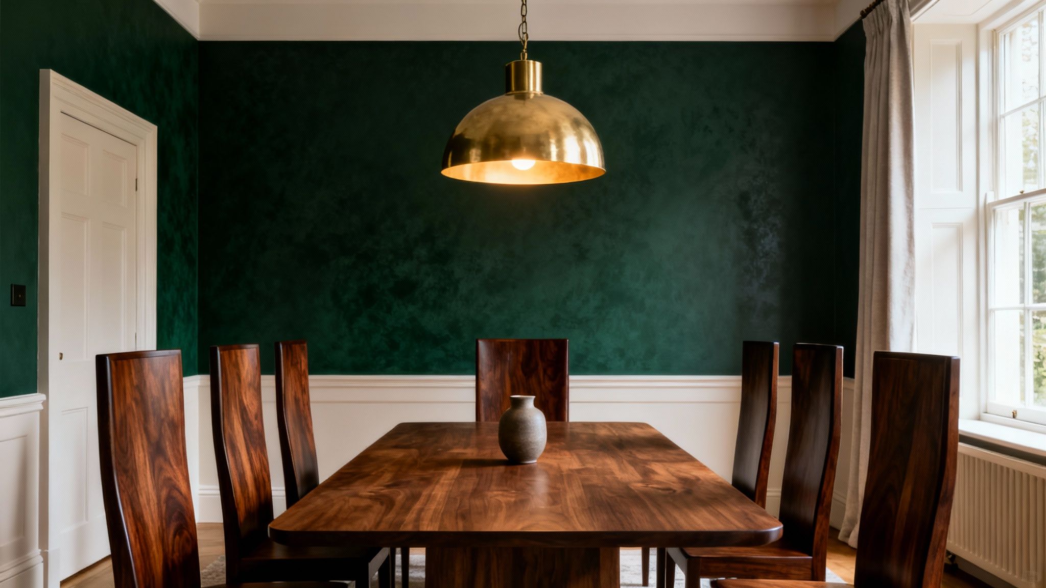 A sophisticated dining room with a dark green accent wall, a long wooden table, and matching chairs.