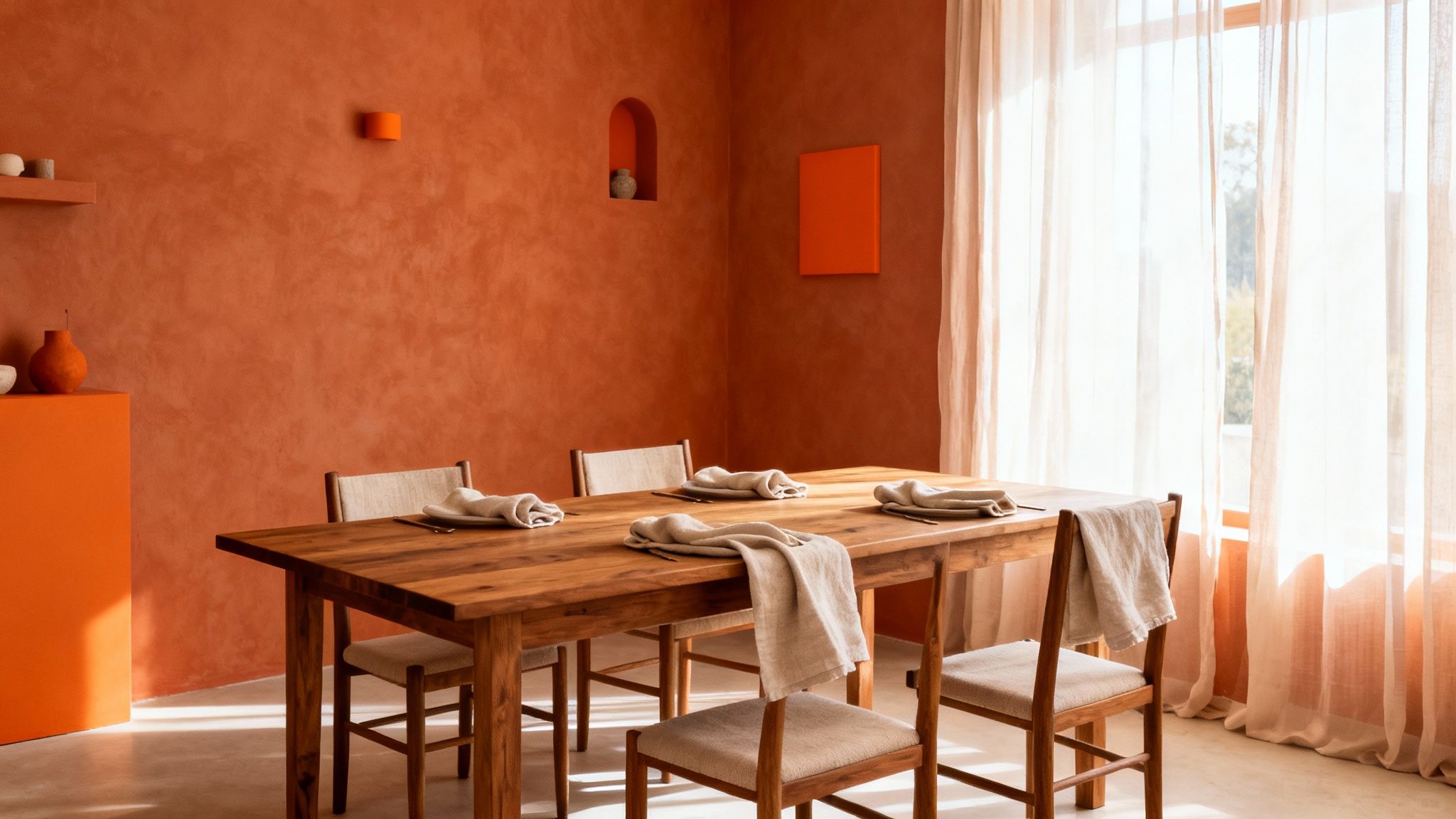 A warm, inviting dining room with terracotta walls, a wooden table, chairs, and sheer curtains.