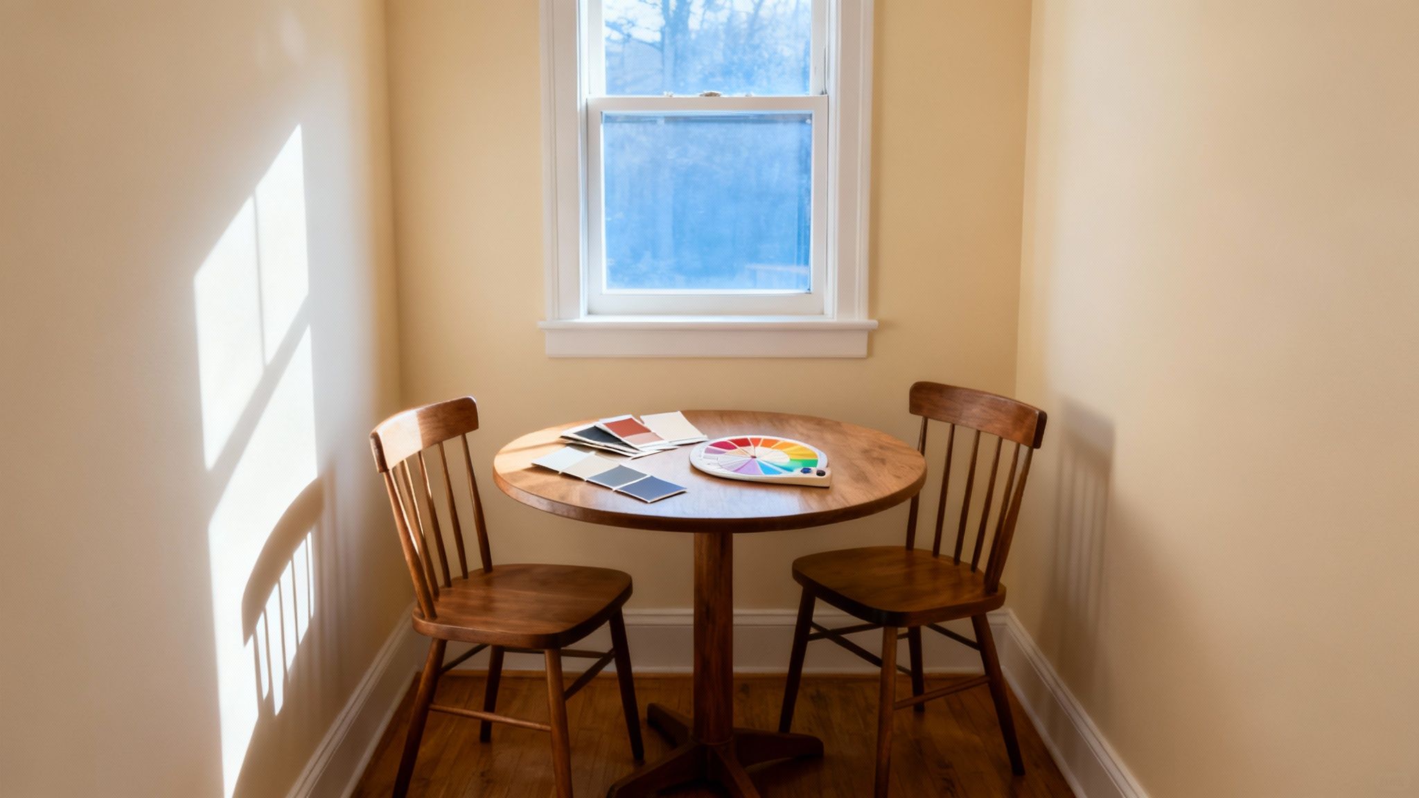 Dining nook with a wooden table, chairs, paint swatches, and a color wheel by a window.
