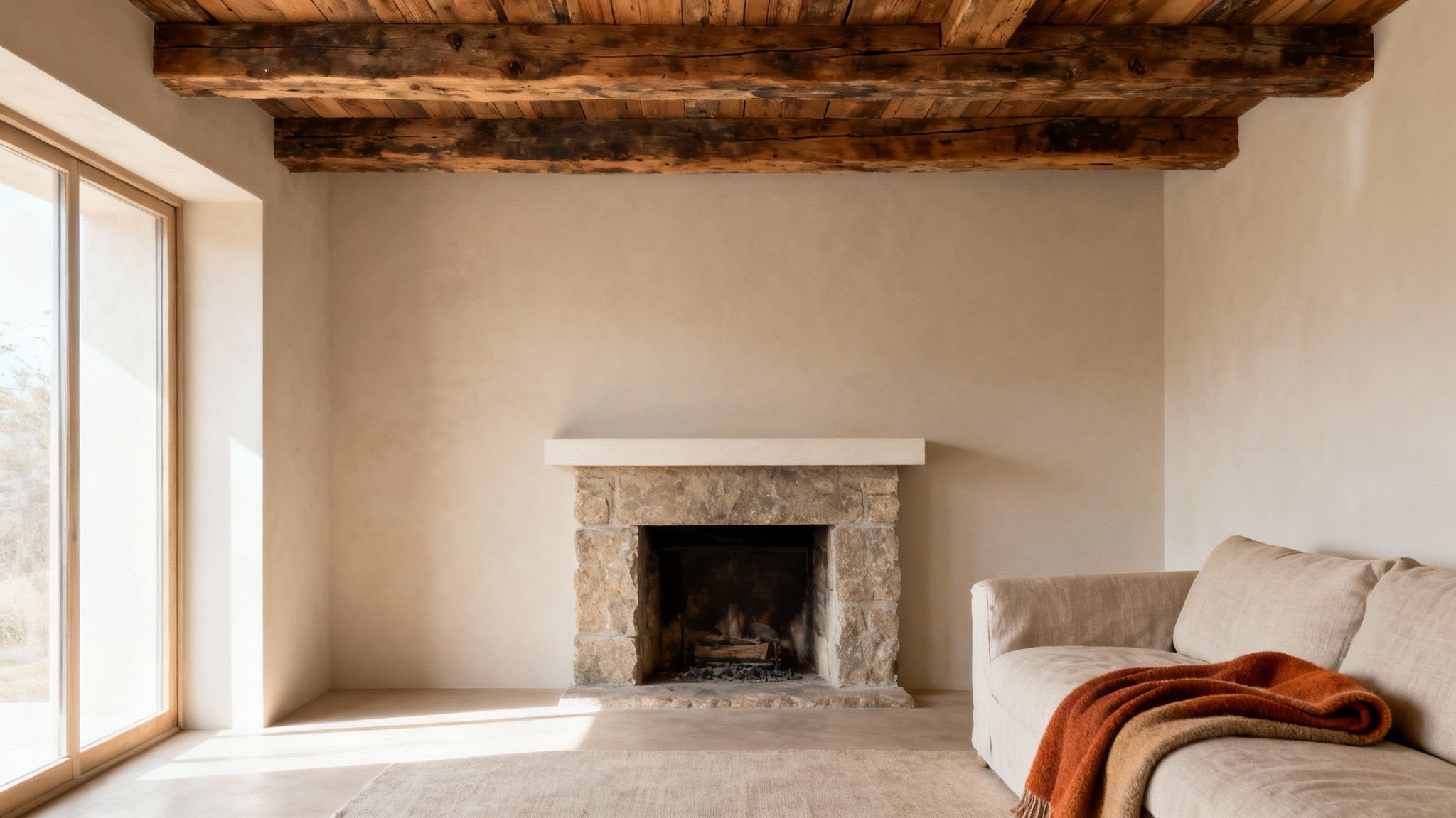 A cozy, rustic living room featuring a stone fireplace, wooden beams, a beige sofa, and natural light.