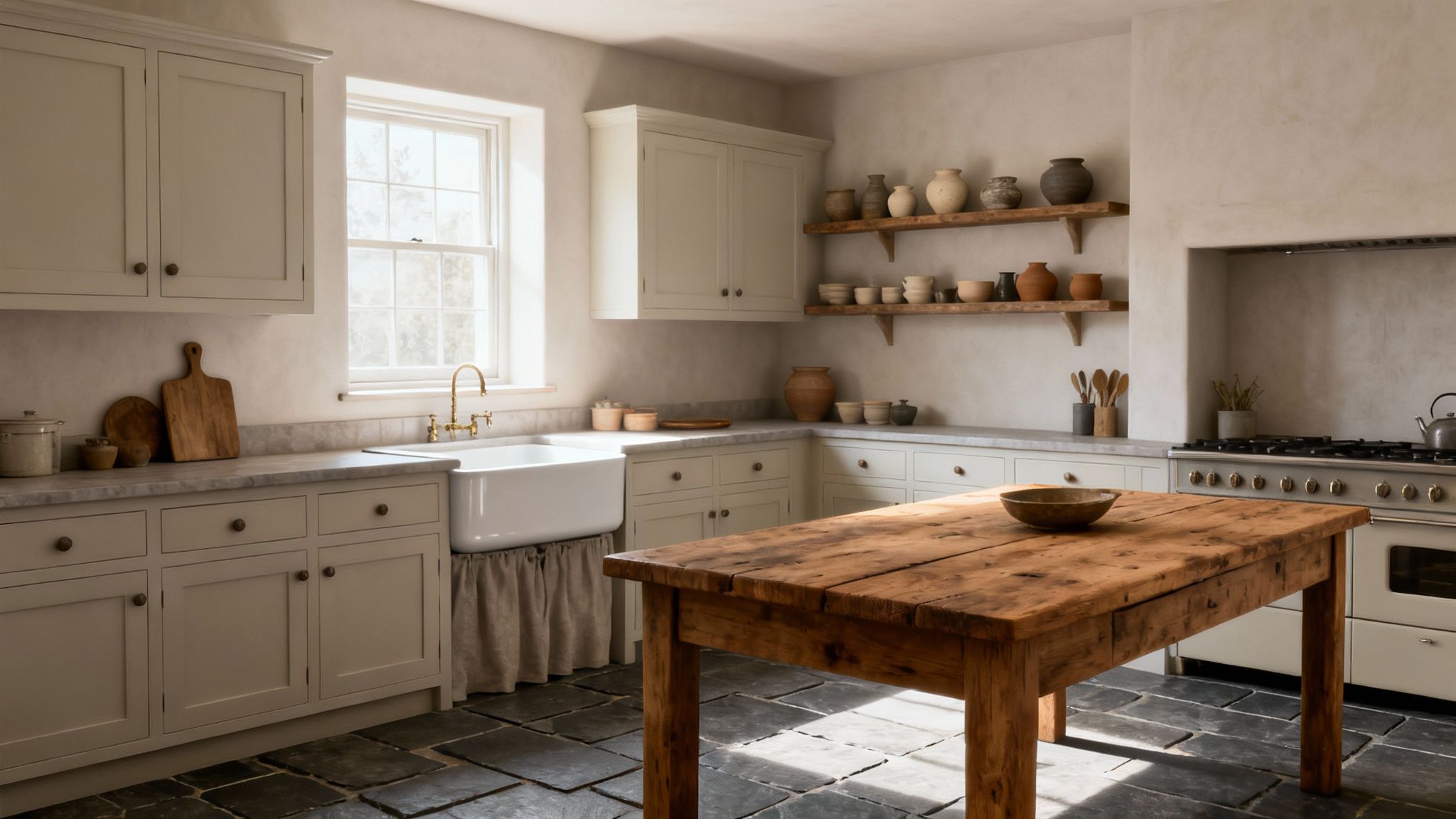 A rustic kitchen featuring a wooden island table, farmhouse sink, light cabinetry, and open shelves with pottery.
