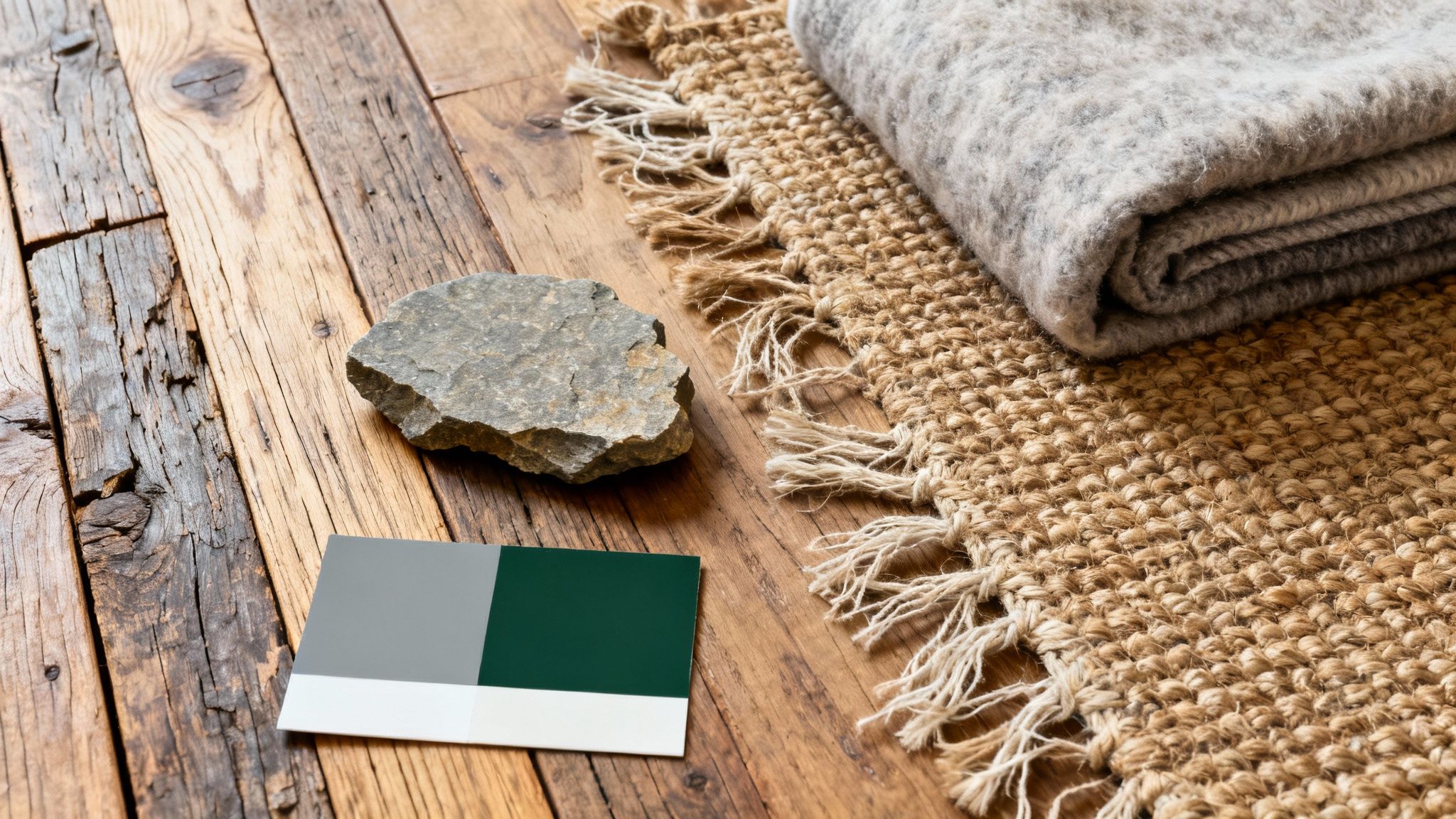 Natural textures and colors for rustic interior design, including a wooden floor, woven rug, blanket, stone, and color swatch.