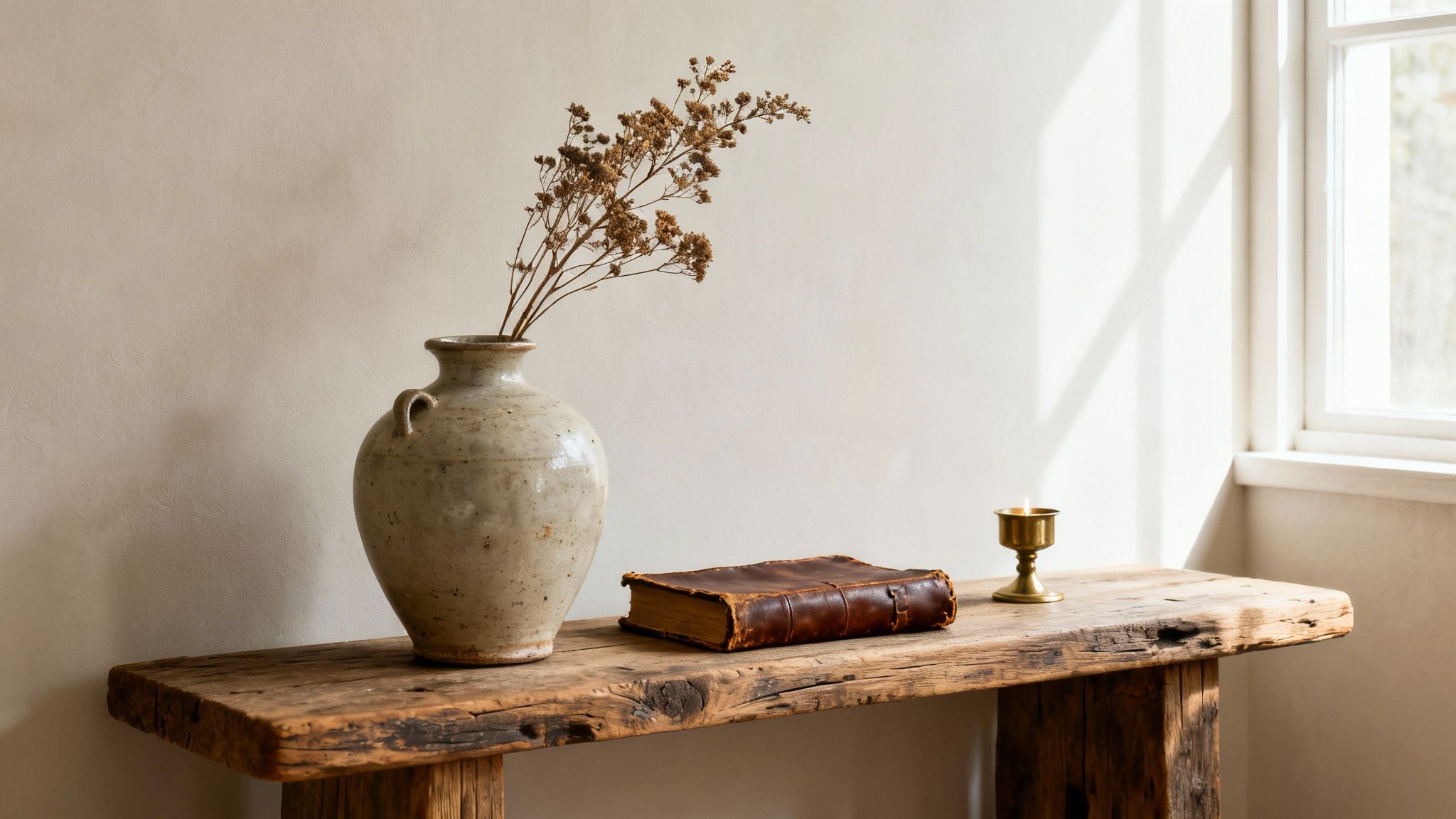 A rustic interior features a wooden bench with a vase of dried flowers, an old book, and a lit candle.