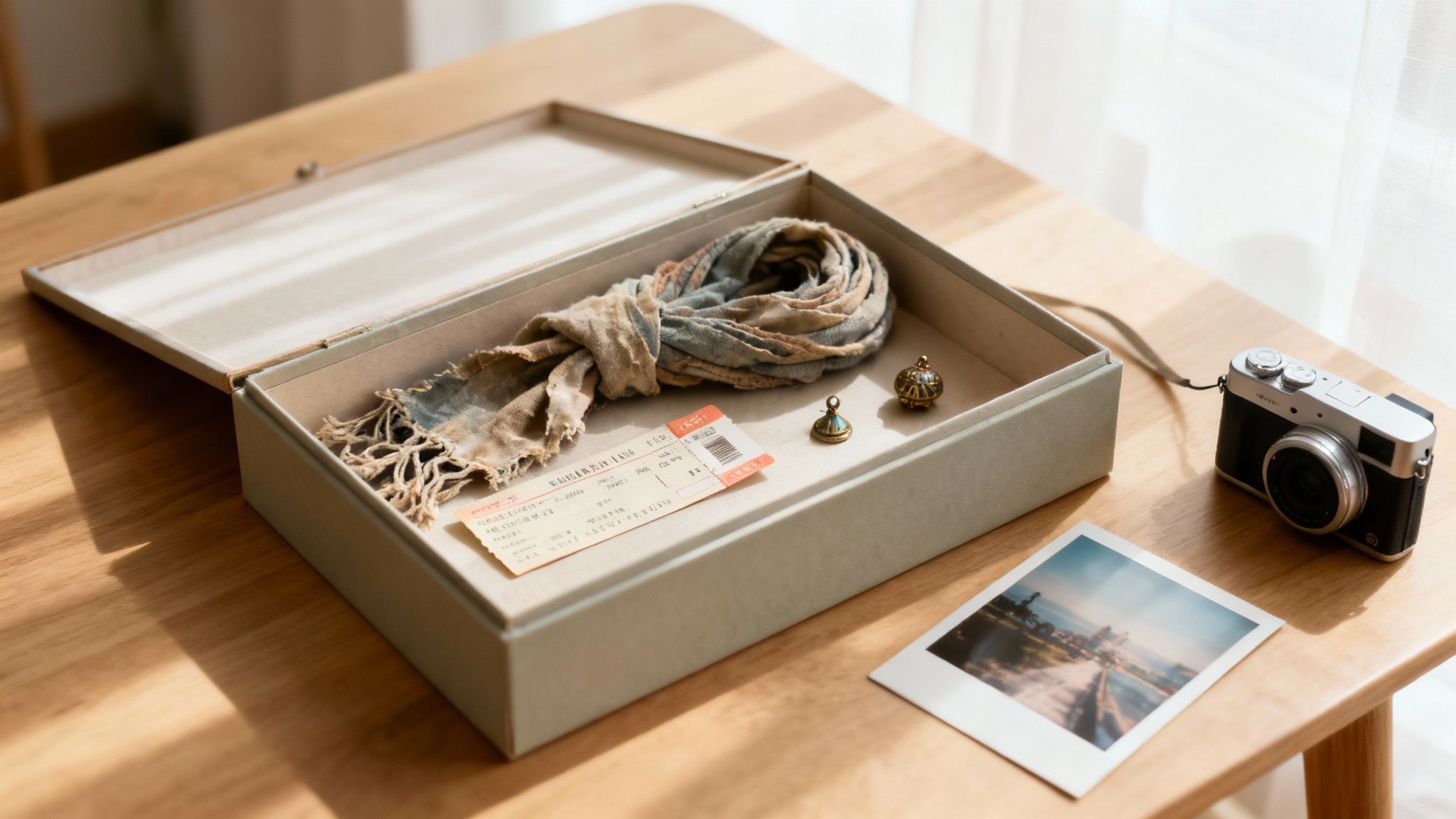 A memory box open on a wooden table, displaying a scarf, a travel ticket, and small trinkets, alongside a camera and an instant photo.