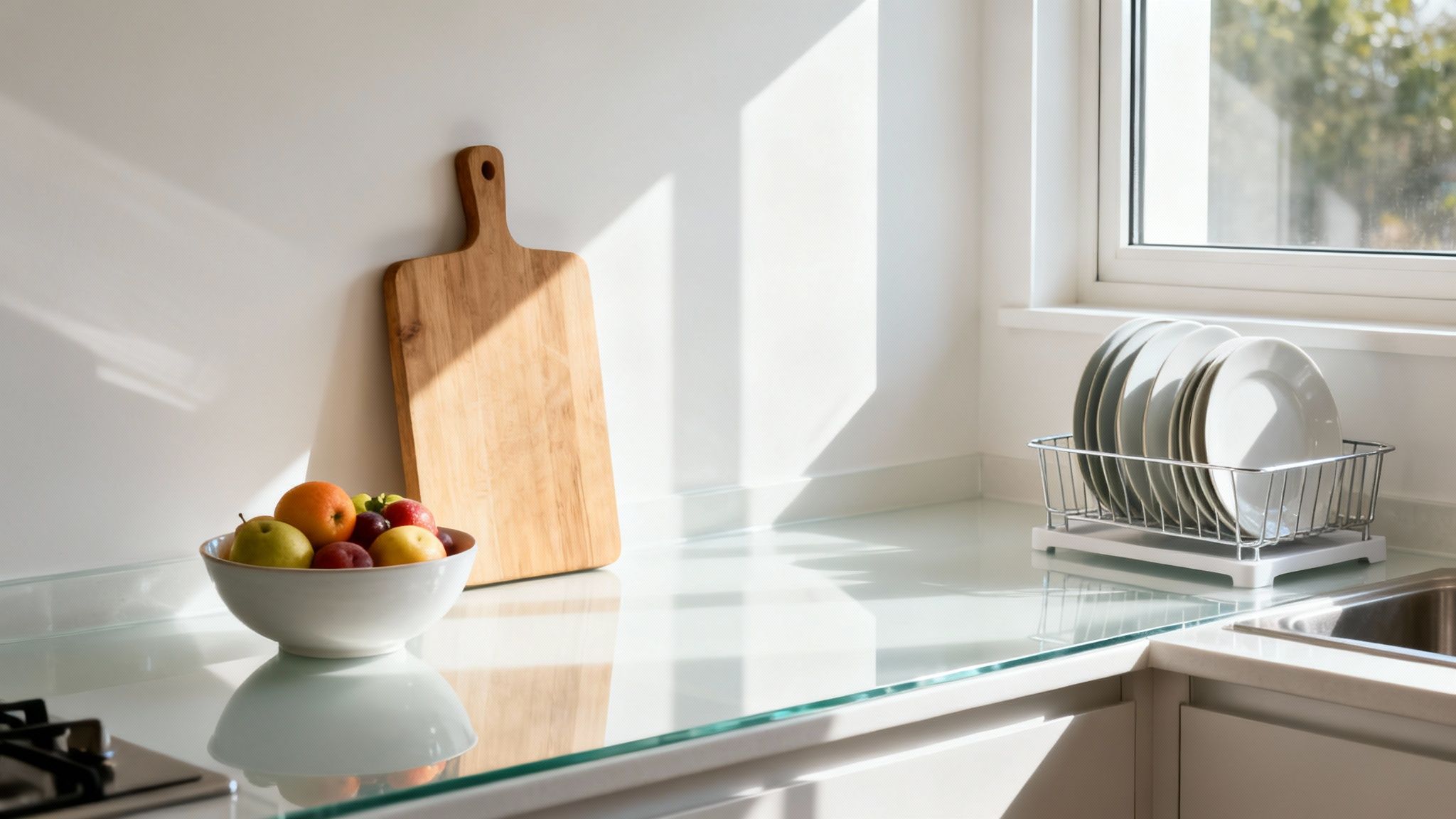 A modern, sunlit kitchen counter with a fruit bowl, wooden cutting board, and dish rack.