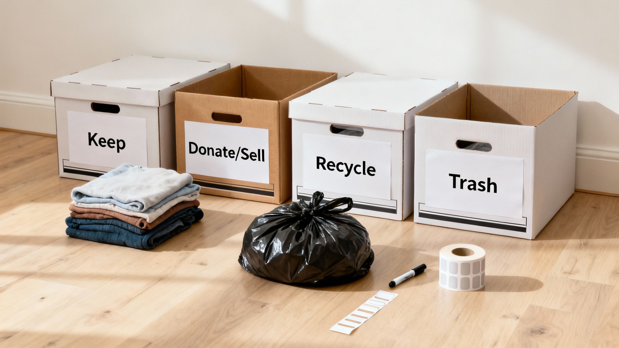 Four labeled boxes on a wooden floor for sorting items: Keep, Donate/Sell, Recycle, and Trash.