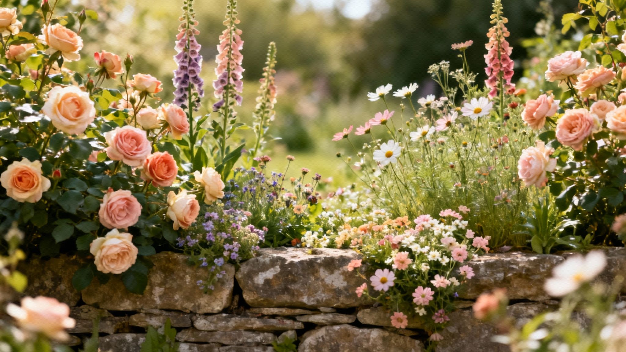 A vibrant garden border with pink and peach roses, purple foxgloves, and white daisies behind a stone wall.