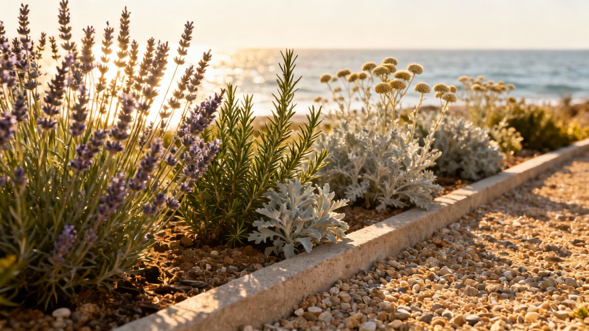 A vibrant garden border with lavender, rosemary, and silver plants beside a gravel path and the sea.